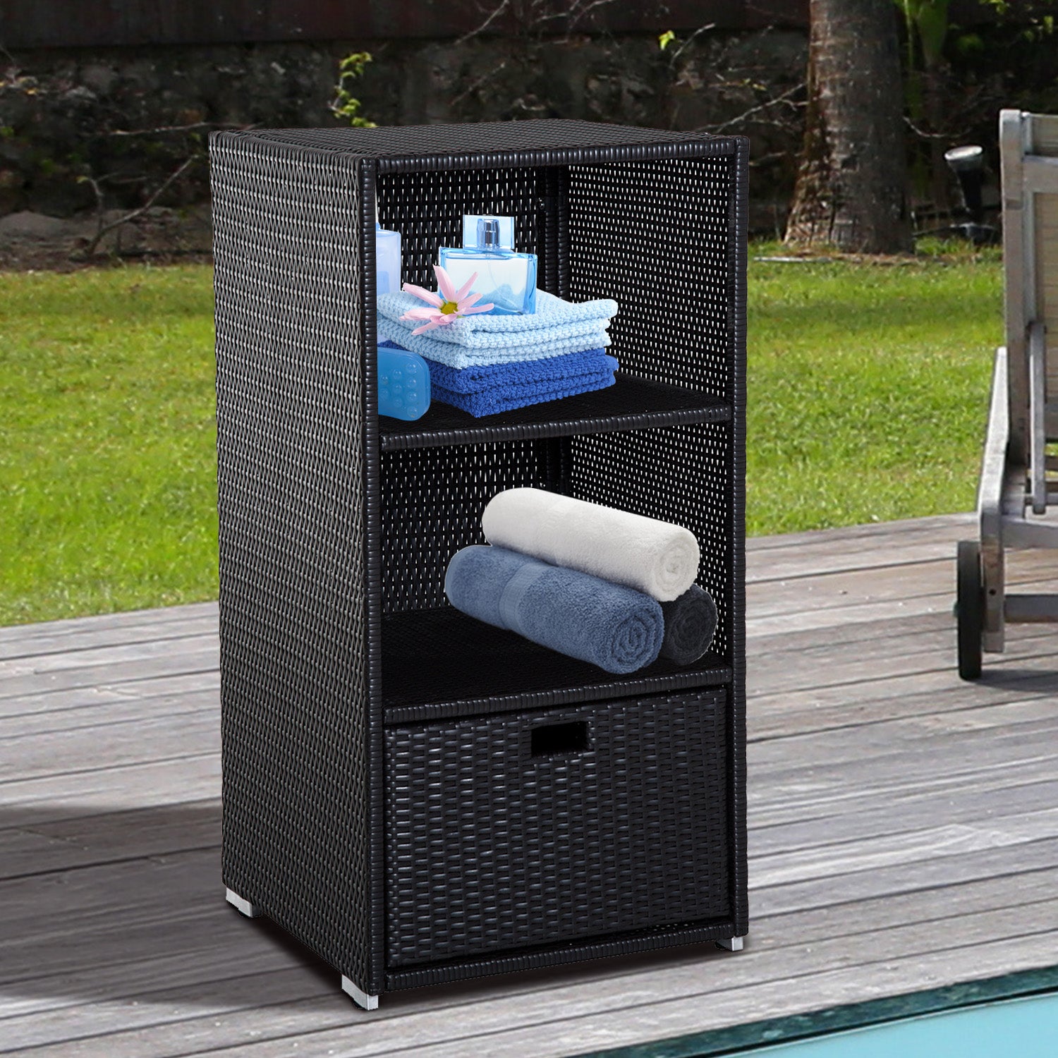 Poolside Towel Cabinet, Rattan Wicker With Storage,2-Tier Shelves And Bottom Drawer, For Pool, Patio Backyard, 47", Dark