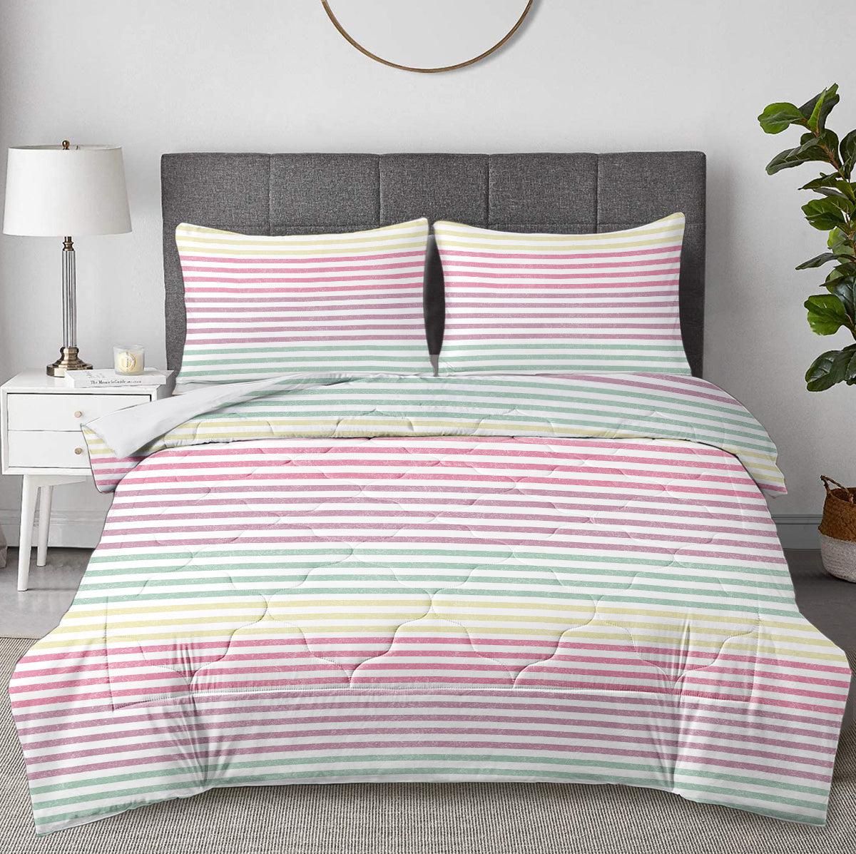 Striped Comforter Set Full Size, Rainbow Comforter Bedding Set Pink Yellow Green Purple 3 Piece, 1 Comforter And 2 Pillo