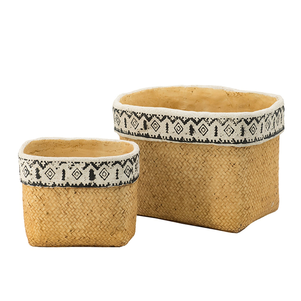 Set Of 2 Rectangular Basket Planters With Geometric Trim, L 10.5x8.5x8  S 7.5x5.5x6.5