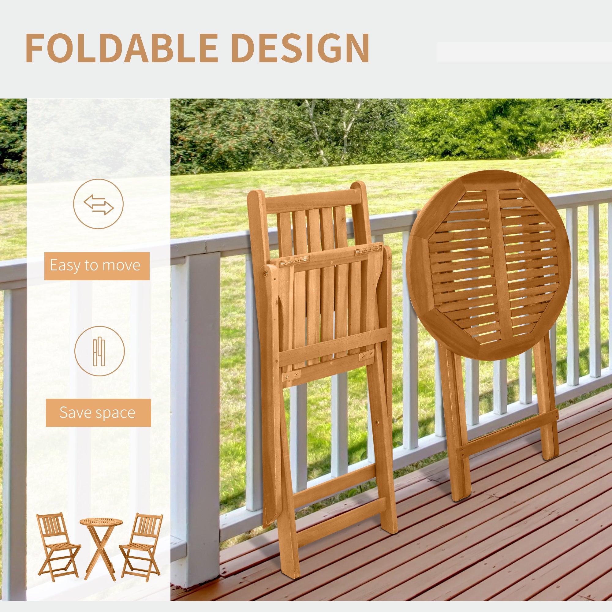 3-Piece Acacia Wood Bistro Set, Folding Patio Furniture with 2 Folding Chairs and Round Coffee Table, Teak, Slatted Fini