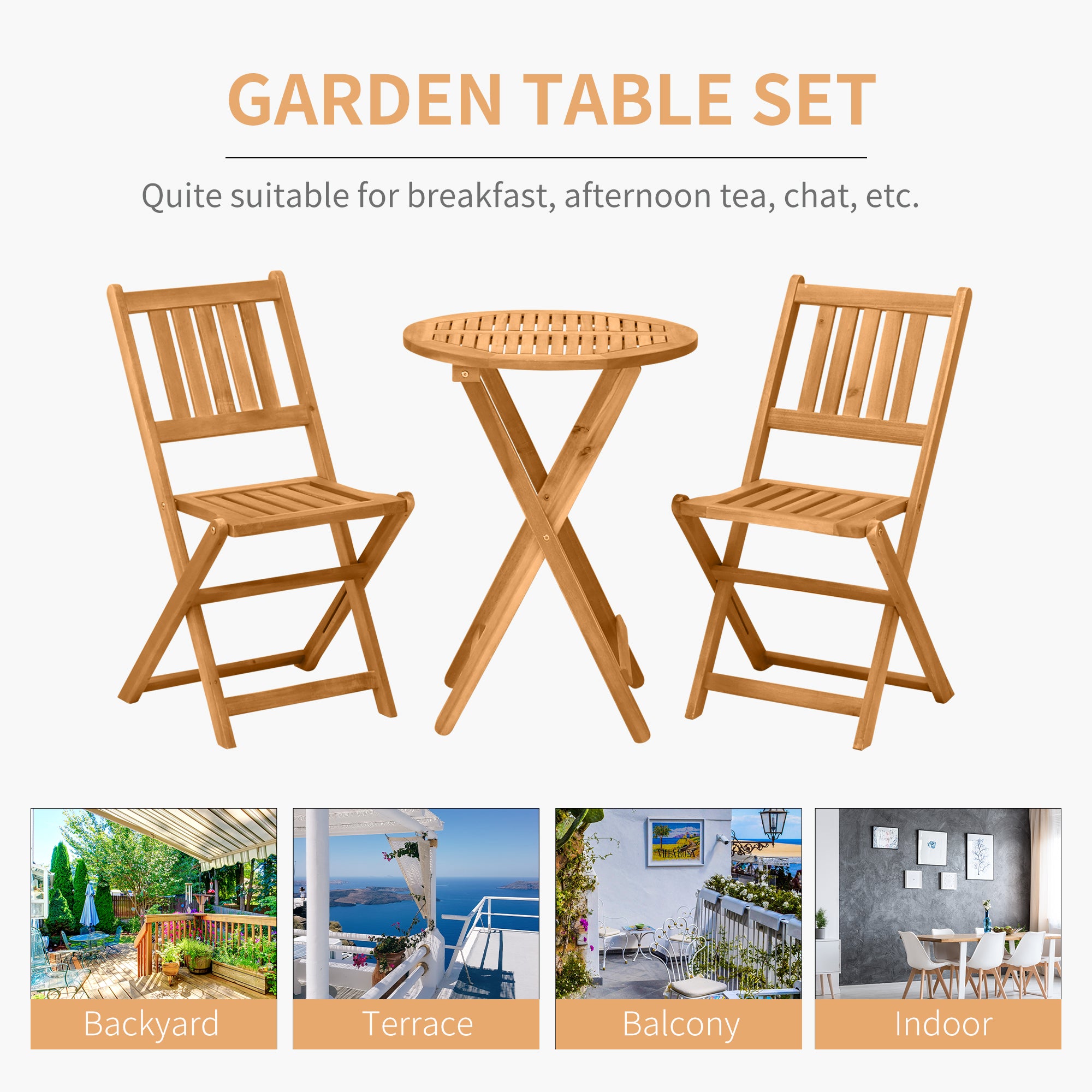 3-Piece Acacia Wood Bistro Set, Folding Patio Furniture with 2 Folding Chairs and Round Coffee Table, Teak, Slatted Fini