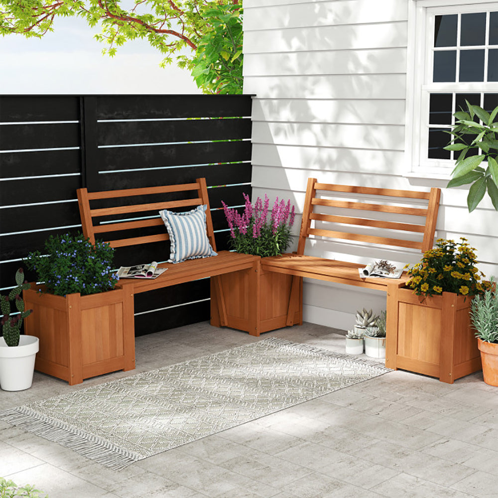 Outdoor Planter Box Wooden Bench Set With 2 Open-ended Planter Boxes And Salt Backrest For Various Outdoor Spaces Like B