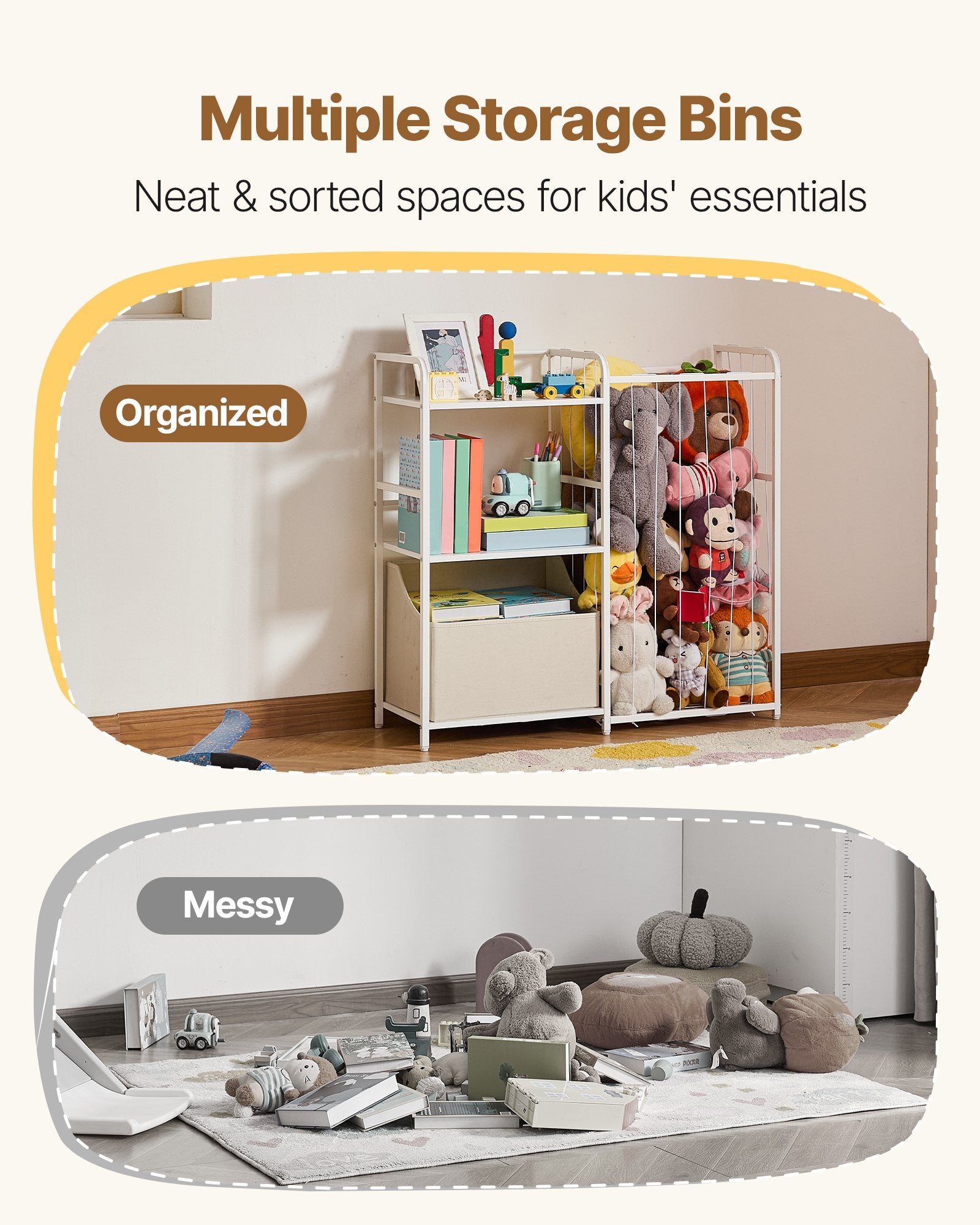 Kids Bookshelf And Stuffed Animal Storage, Toy Storage Organizer, 2-Tier Book Shelf With Fabric Toy Chest, Toy Storage F