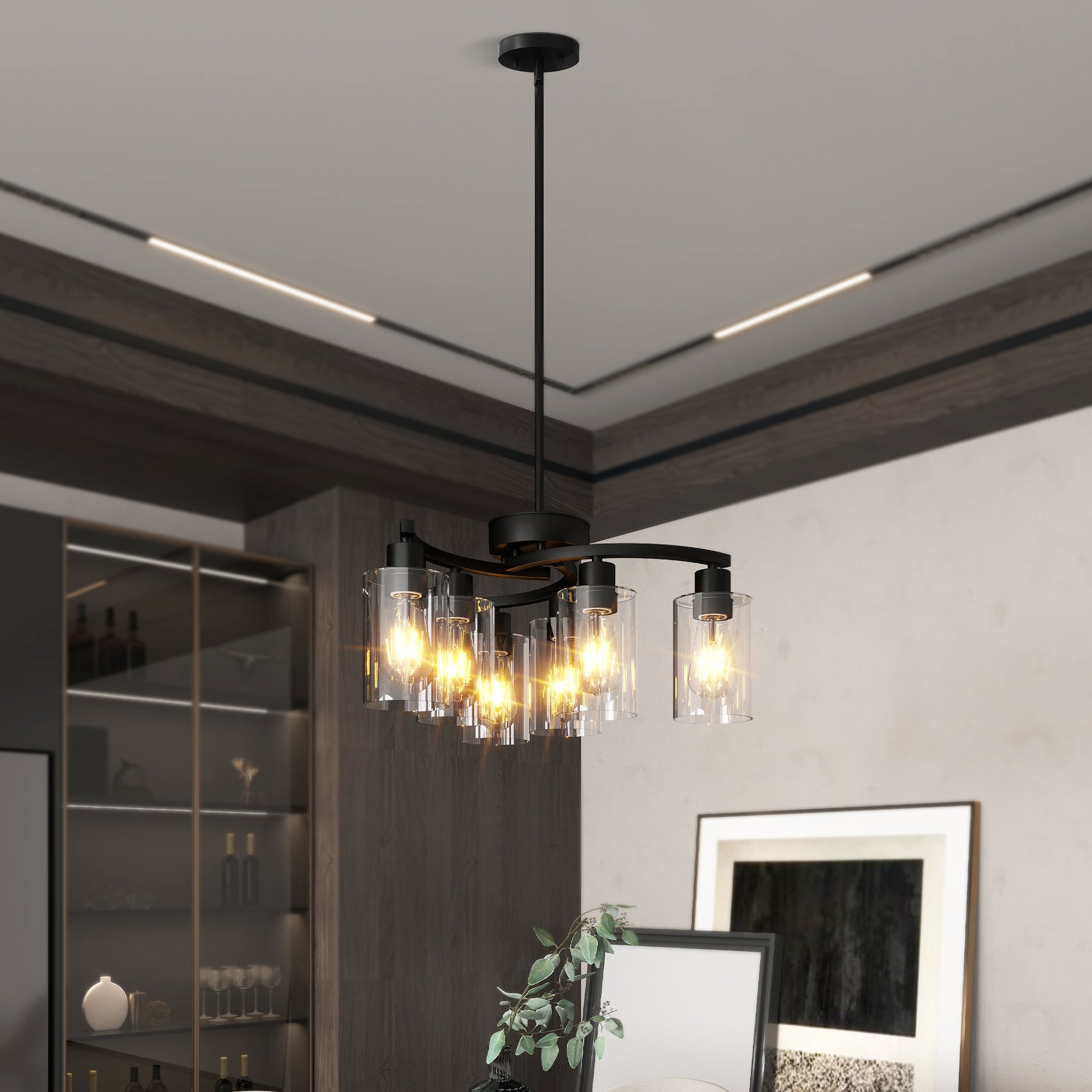 6-Light Modern Farmhouse Black Chandelier, Contemporary Dining Room Light Fixture, Adjustable Height Hanging Industrial