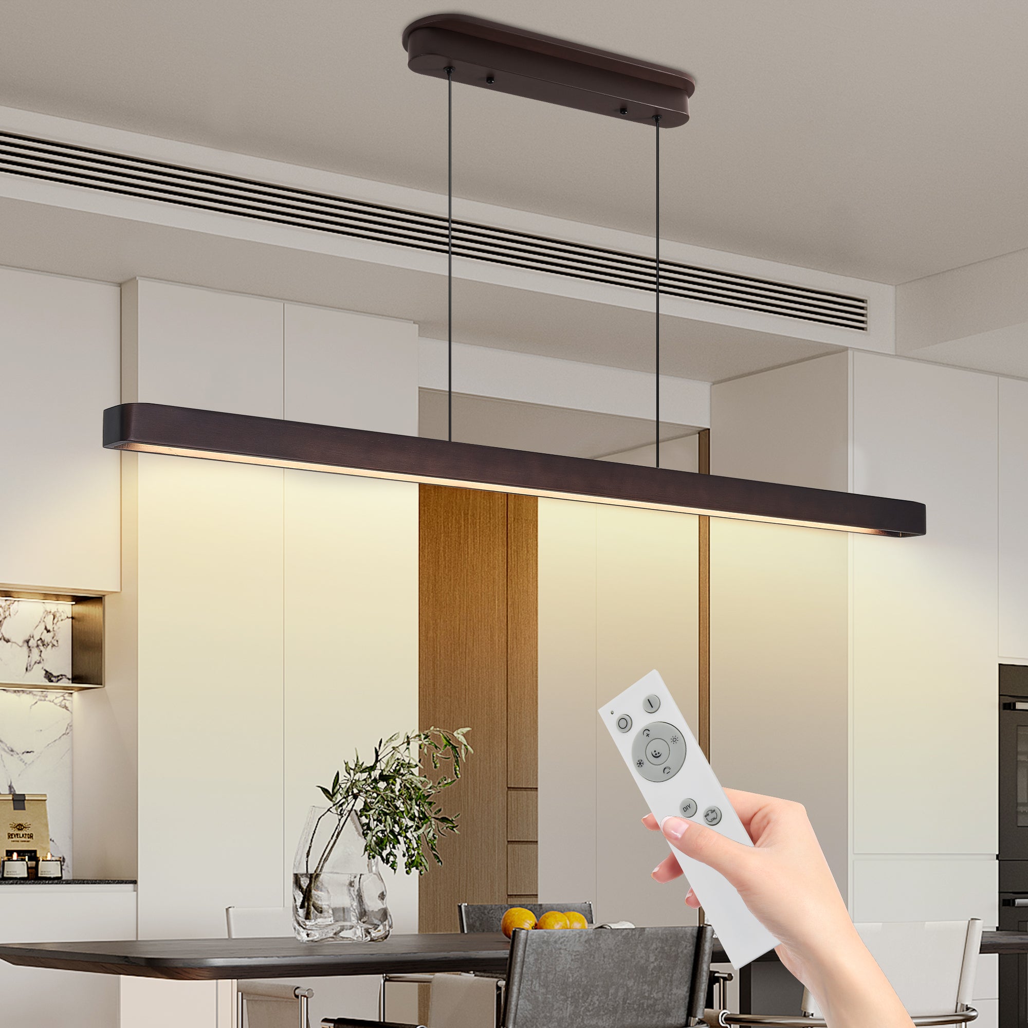 51-inch Walnut Wood Modern LED Pendant Light, Adjustable Hanging Light For Dining Room, Kitchen, Living Room Sleek Walnu