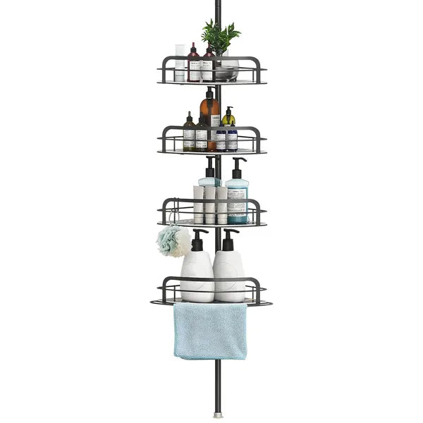 Rust-Resistant Corner Shower Caddy For Bathroom 4 Height Adjustable Shelves With Tension Pole Towel Bar Hanging Hook Flo