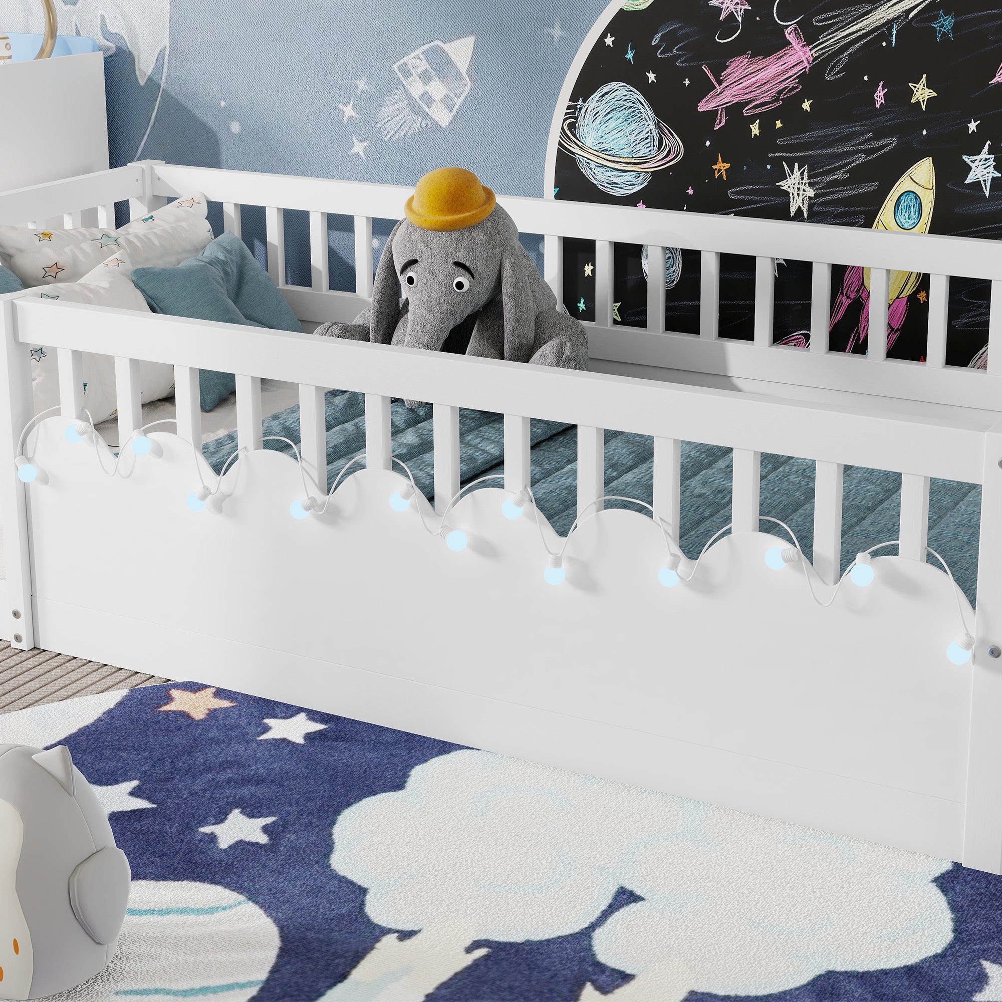 Twin Montessori Floor Bed Frame With High Rails, Wood Kids Floor Beds With Light And Storage Shelf, White Expect Arrival