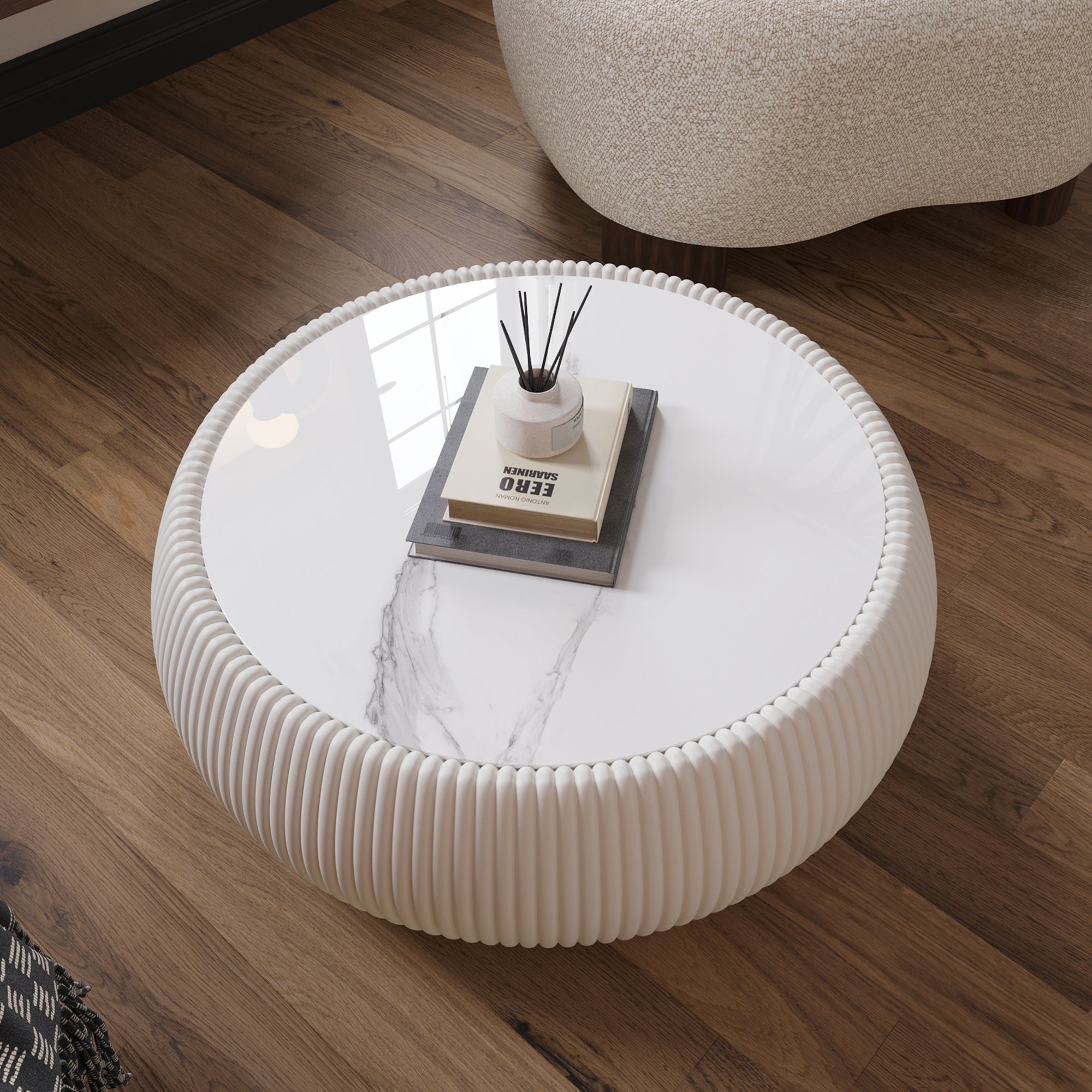 Light Sintered Stone Top Drum Shape Leather Coffee Modern Sofa Table For Living Room Furniture  Each Tabletop Has A Unique Grey Pattern