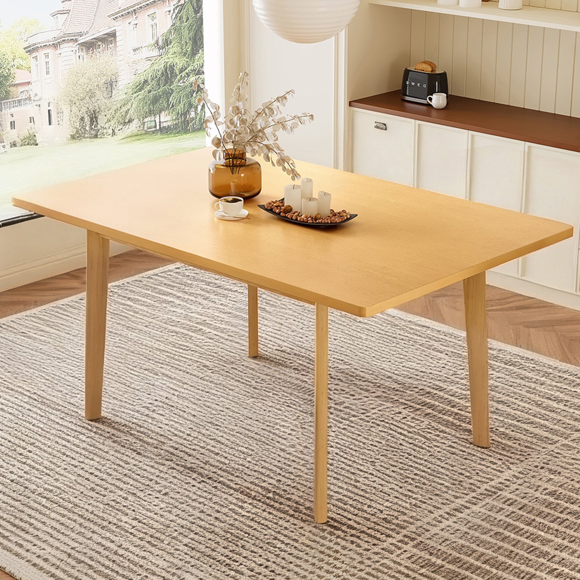 60  Rustic Farmhouse Dining Table - Solid Wood Frame, Minimalist Modern Dining Table For Kitchen, Dining Room, Living Ro