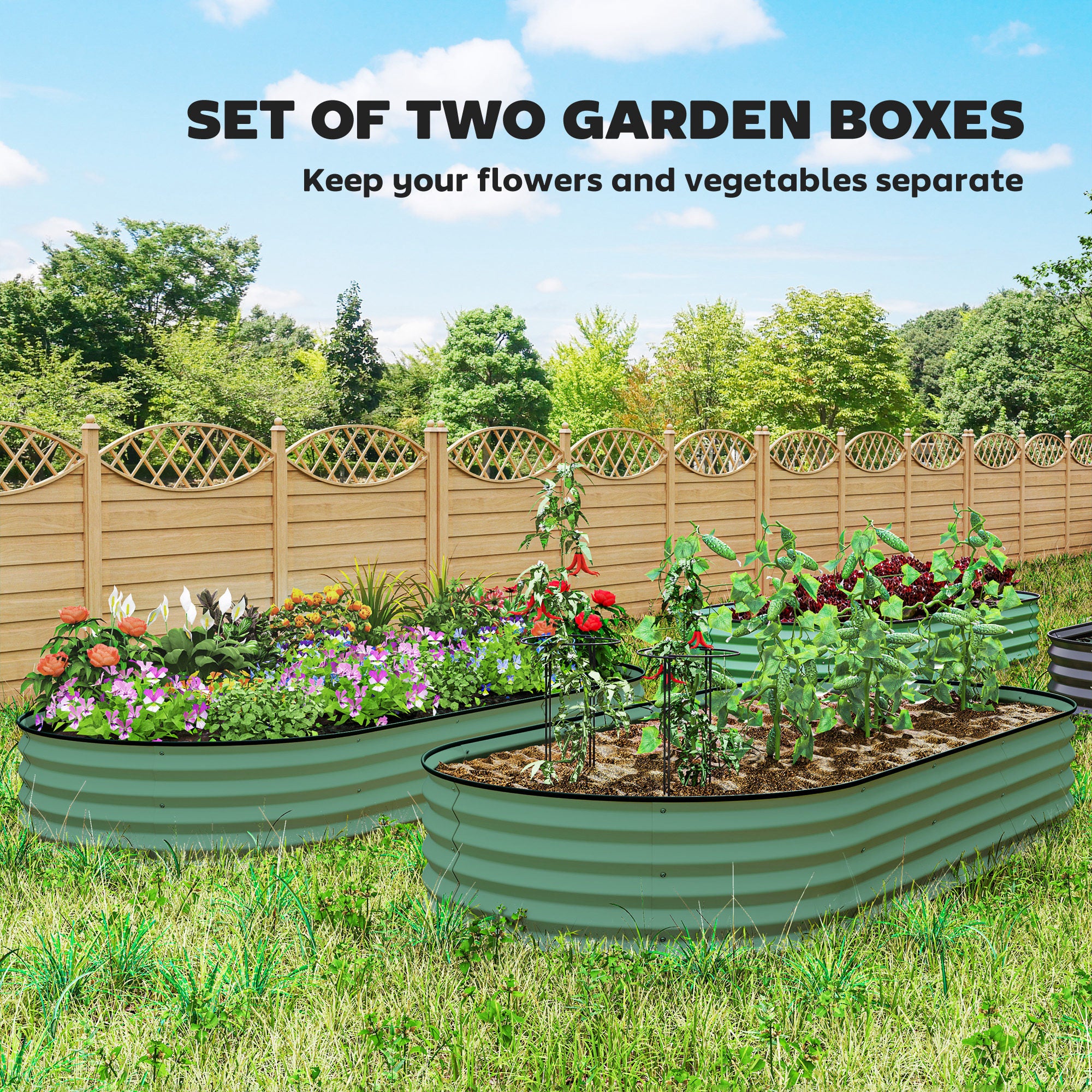 7 x 3 x 1 Raised Garden Bed Set, 2PCS Raised Beds for Gardening with Metal Plant Stakes, Green