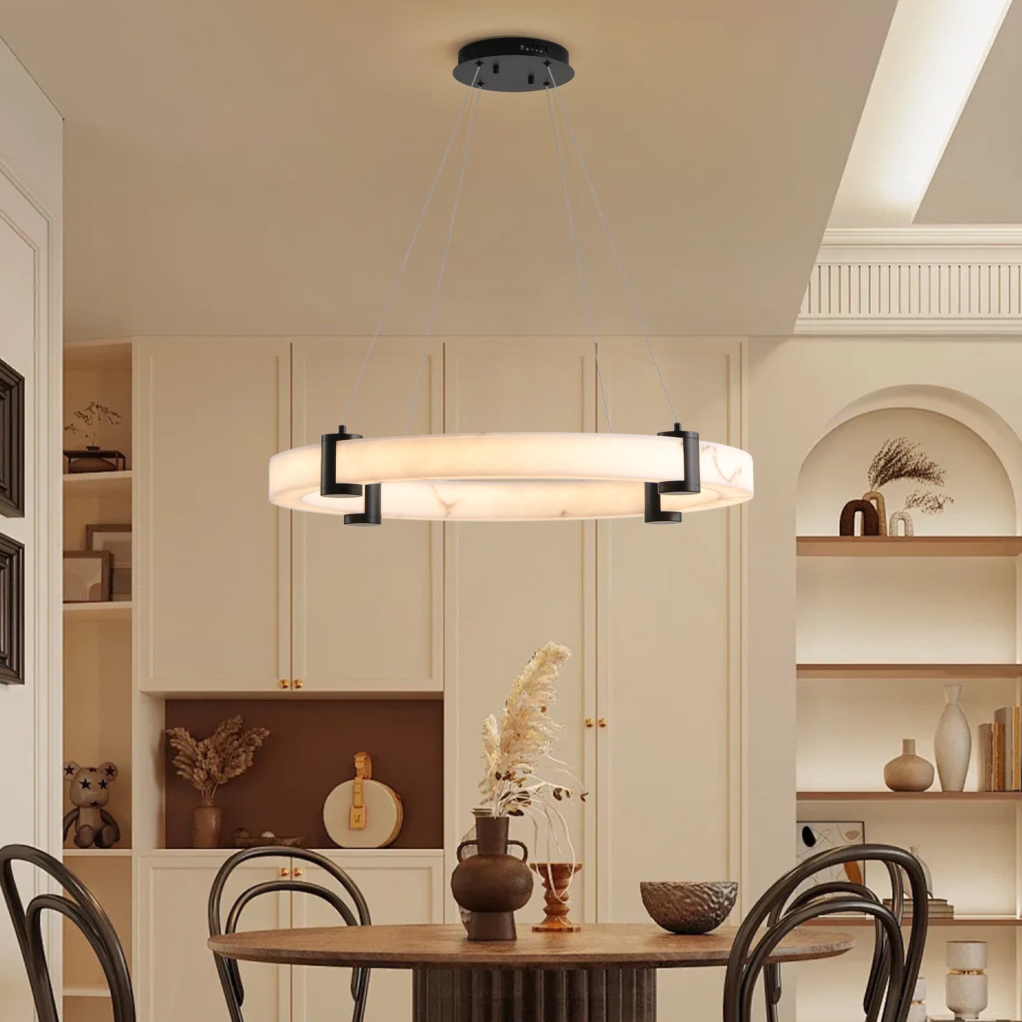 Modern LED Pendant Light, 24-Inch Round Hanging Chandelier With Adjustable Height, Marble Finish Resin Ring Ceiling Ligh
