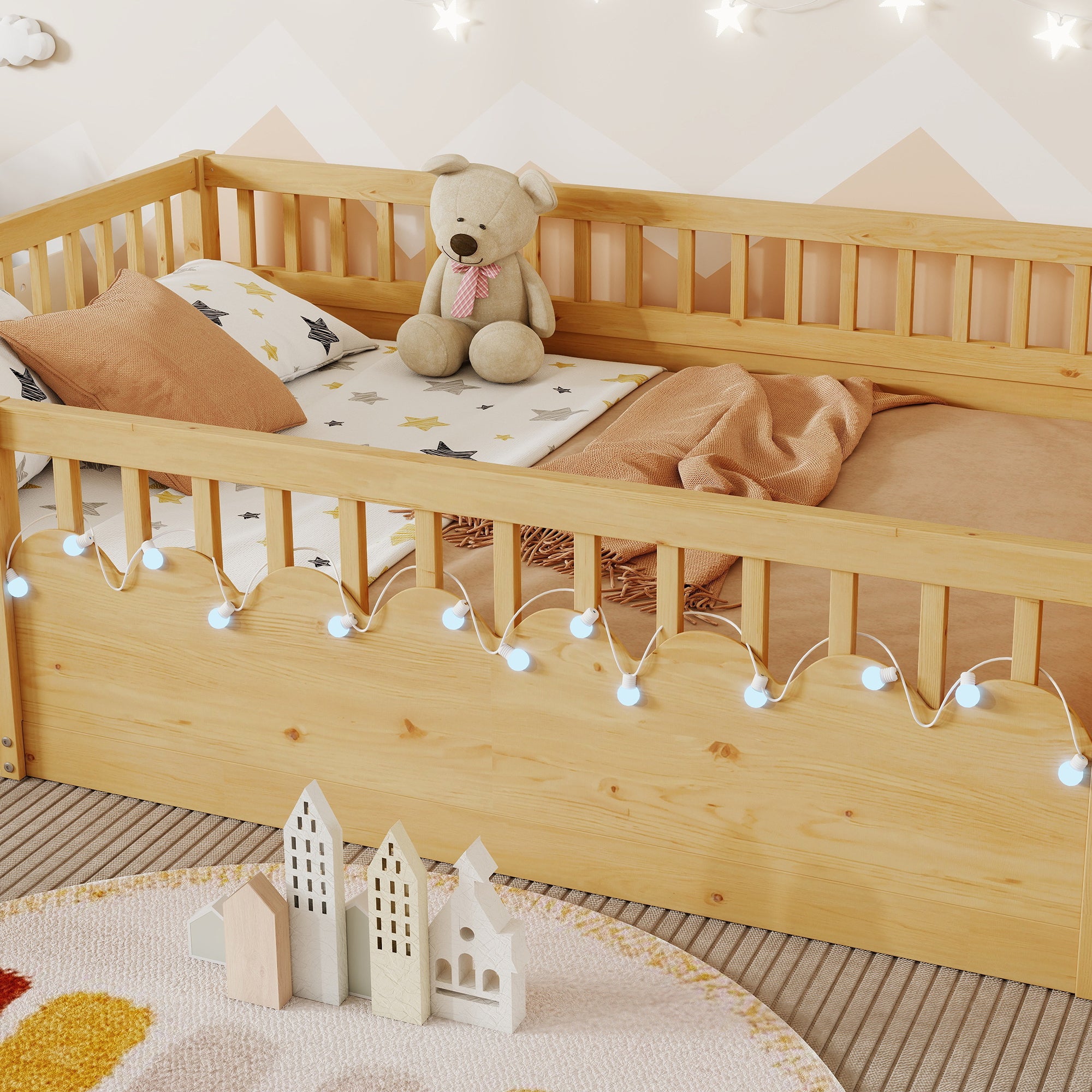 Full Montessori Floor Bed Frame With High Rails, Wood Kids Floor Beds With Light And Storage Shelf, Natural Expect Arriv
