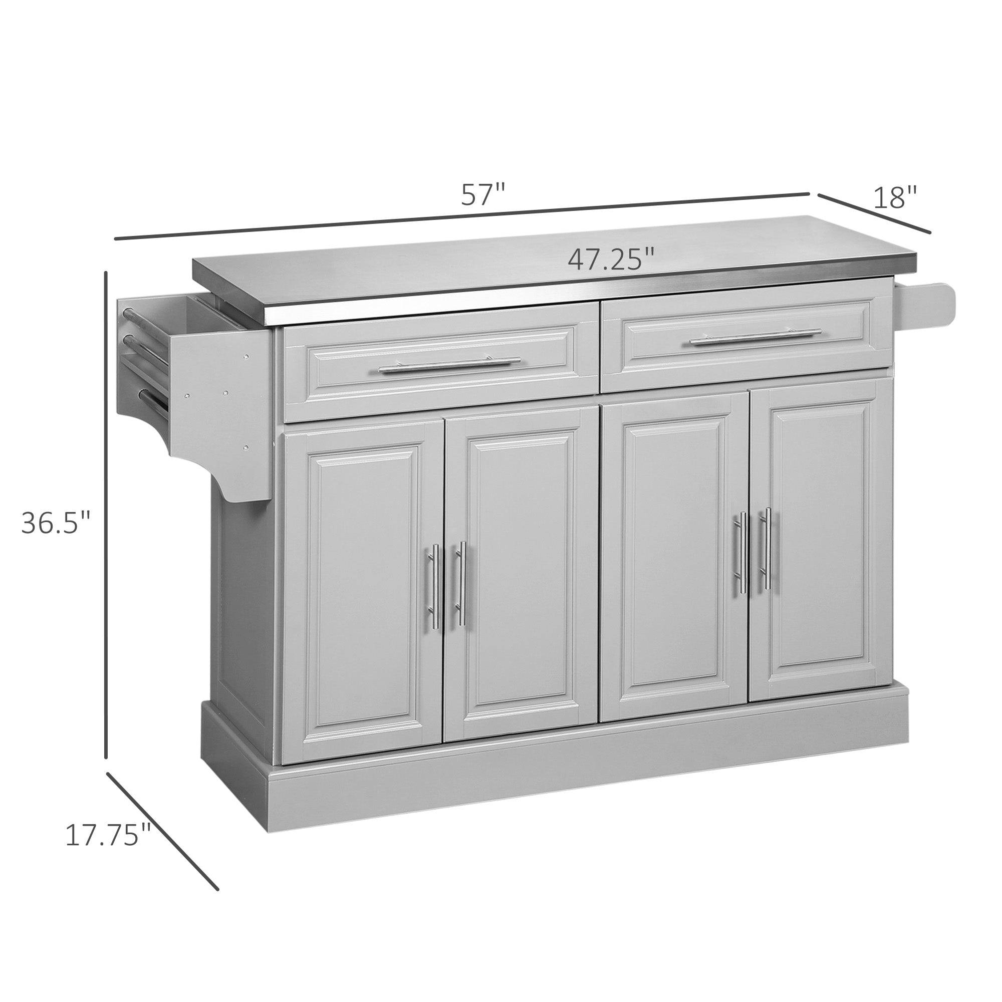 Rolling Kitchen Island Cart with 47" Stainless Steel Top, Portable Island Table for Kitchen with Wheels, Adjustable Shel