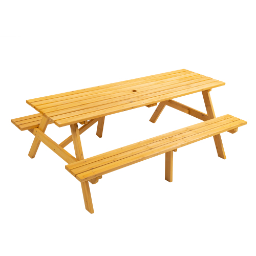 8 Person Brown Wooden Picnic Table, Outdoor Camping Dining Table With 2 Seats, Garden, DIY With 2 Built-in Benches, 2220