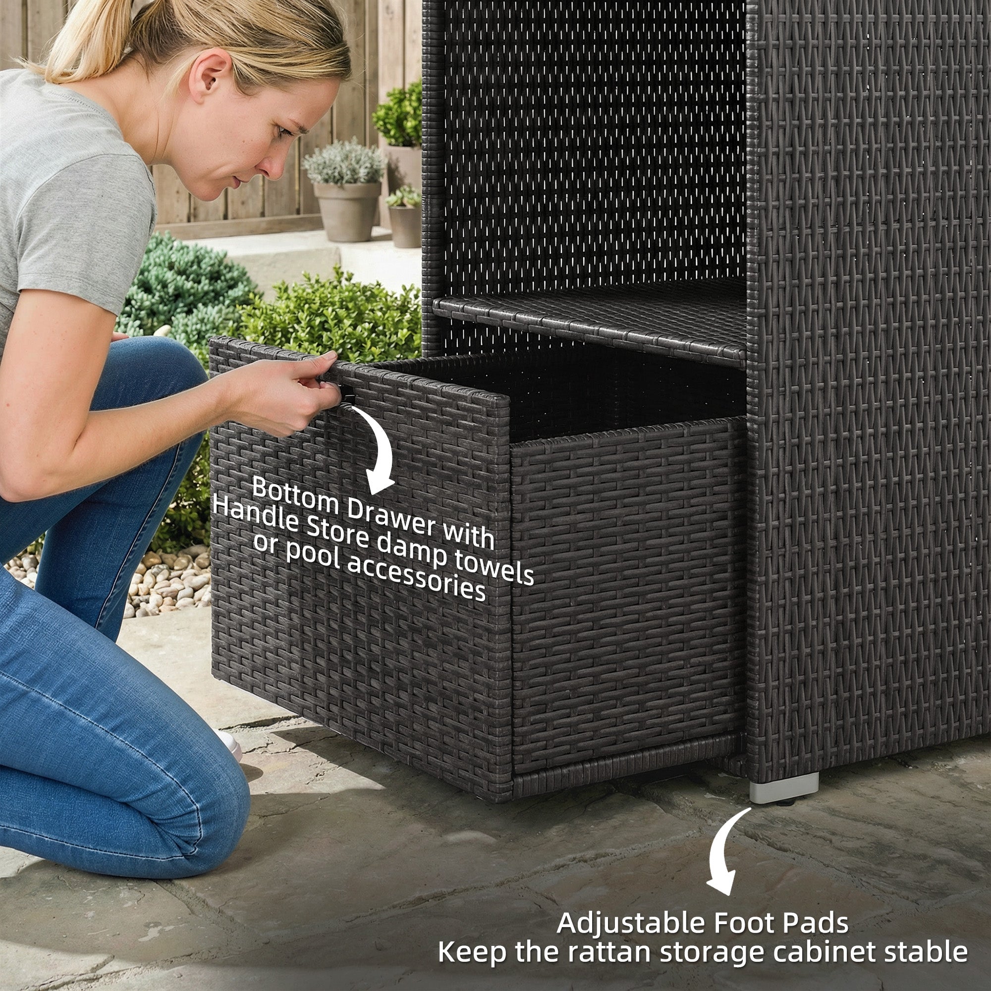 Valet Pool Towel Rack, Water-Resistant PE Plastic Rattan Wicker Storage Organizer, 2 Shelves, 1 Basket Drawer