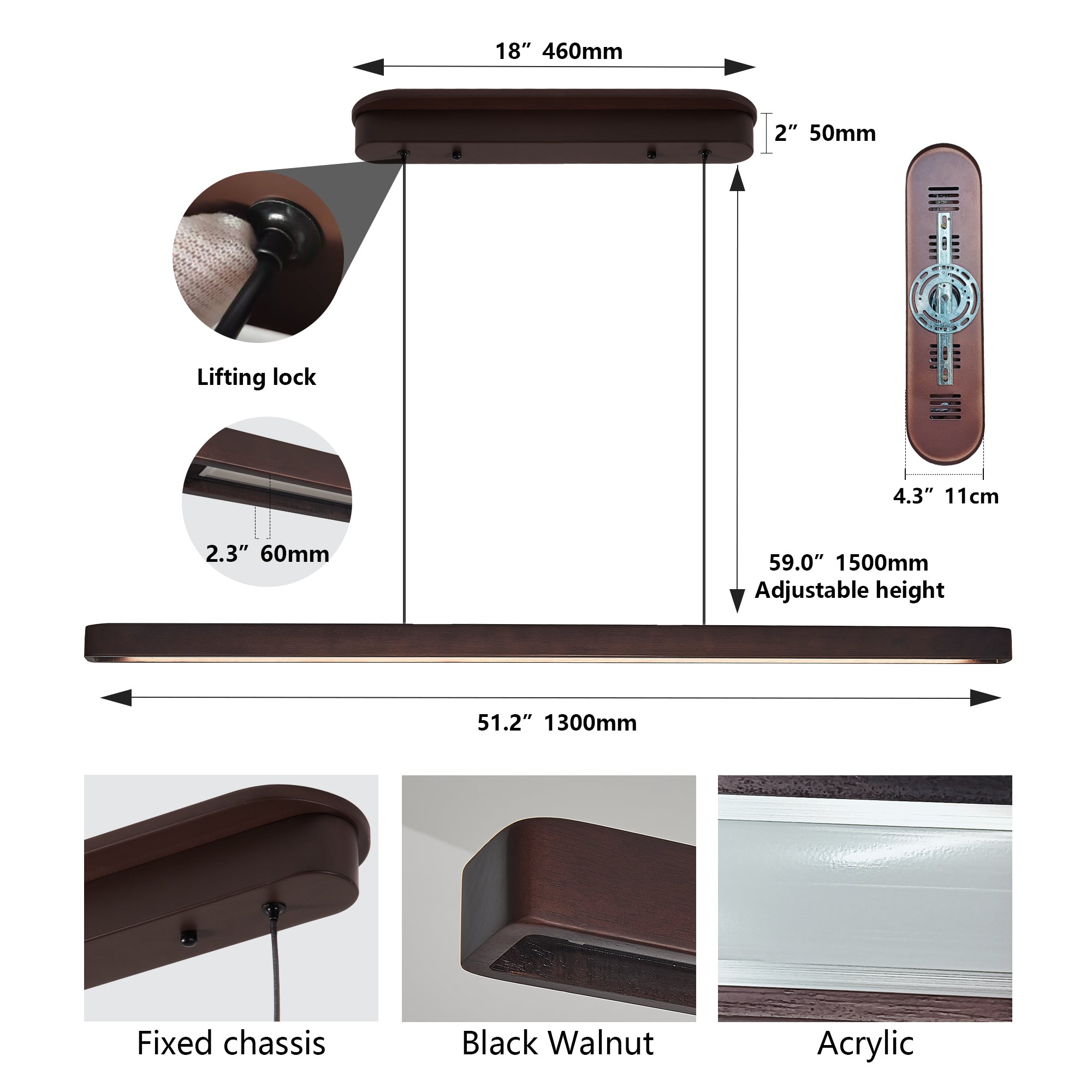 51-inch Walnut Wood Modern LED Pendant Light, Adjustable Hanging Light For Dining Room, Kitchen, Living Room Sleek Walnu