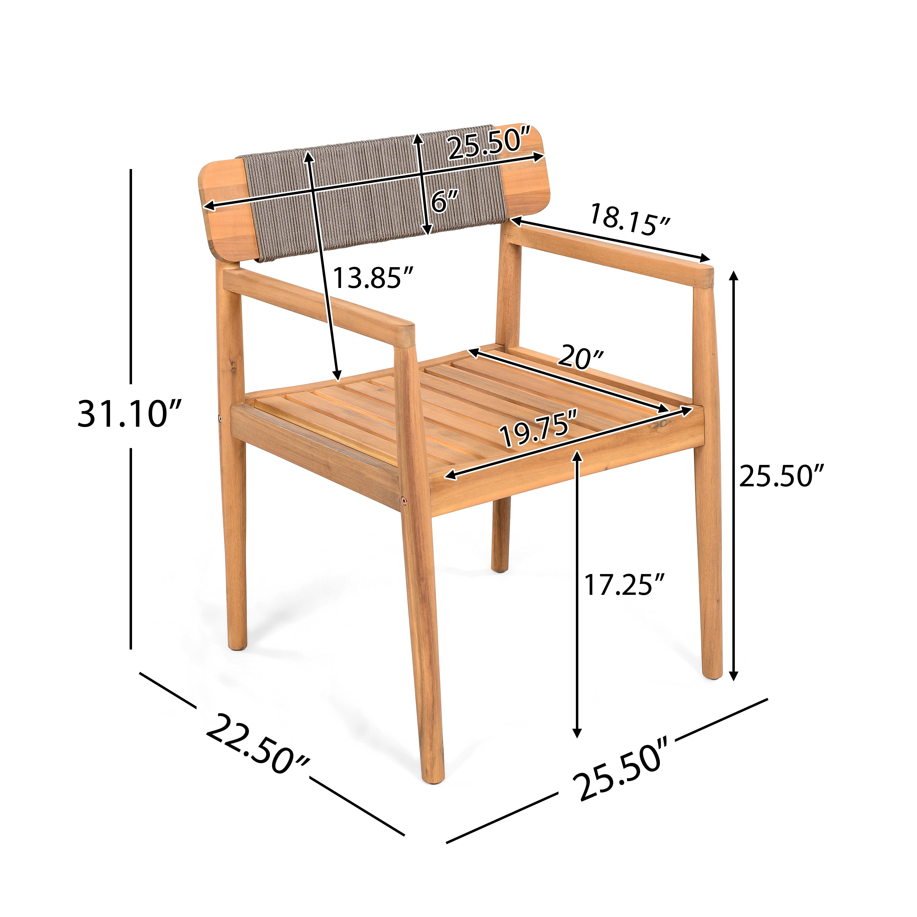 CREATIVE BRAIDED ACACIA WOOD OUTDOOR DINING CHAIRS WITH ARMRESTS, SUITABLE FOR OUTDOOR DINING AND LEISURE PLACES, TEAK L