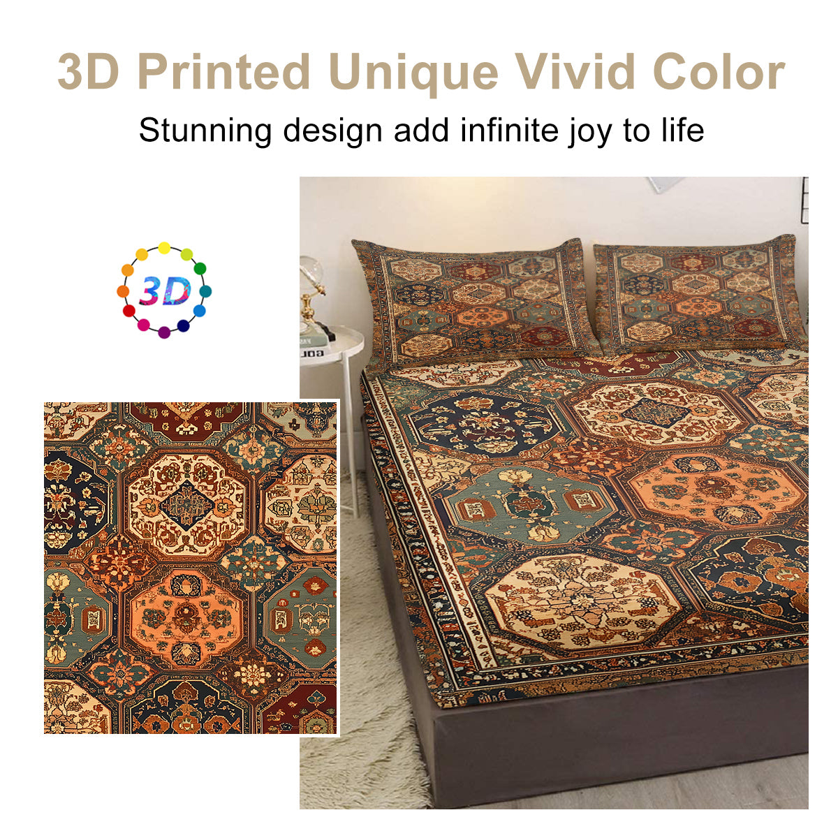 3pcs Retro Bohemian Geometric Style Minimalist Comfort Series Bed Fitted Sheet And Two Pillowcases Bedding For All Seaso