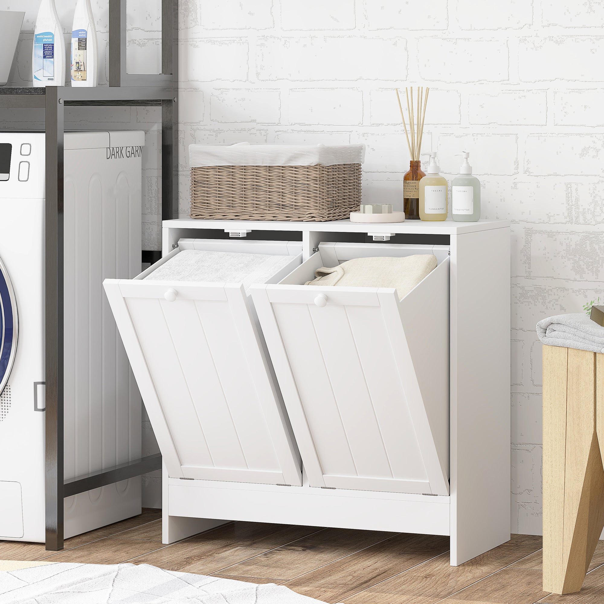 Tilt-out Laundry Storage Cabinet with 2 Compartment Hampers, White