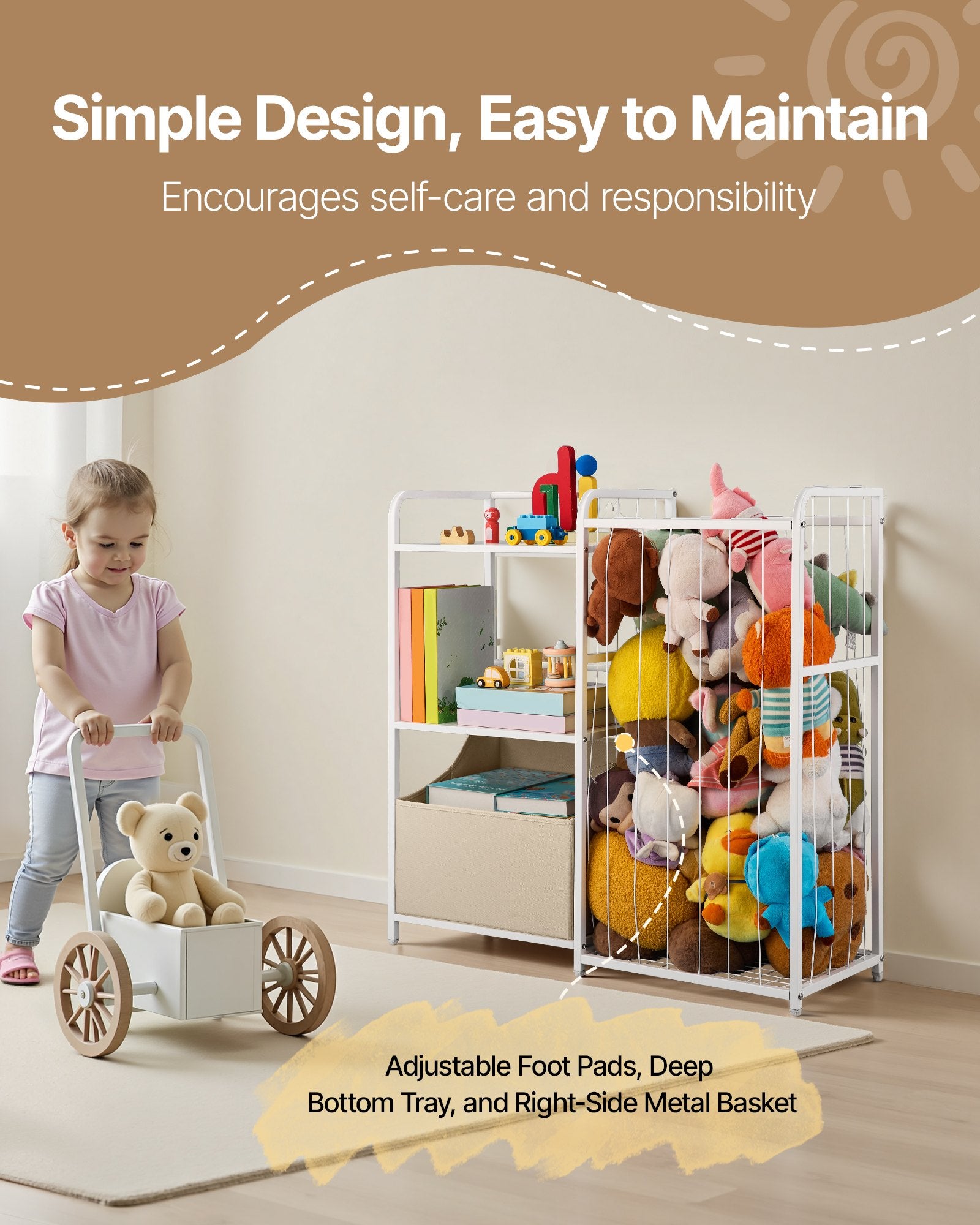 Kids Bookshelf And Stuffed Animal Storage, Toy Storage Organizer, 2-Tier Book Shelf With Fabric Toy Chest, Toy Storage F