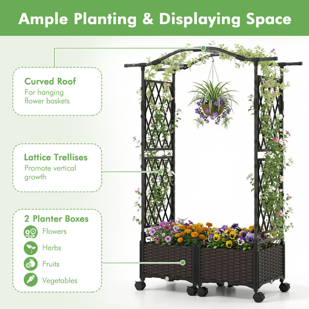 5 FT Self-Watering Planter Boxes With Lattice Trellis And Roof For Outdoor Application, Such As Balcony, Deck, Patio, An