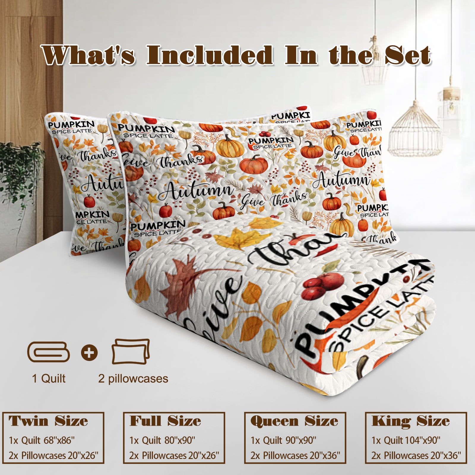 3pcs Pumpkin Autumn Leaves Design Quilt Set All Seasons Bedding Quilt Bed Set With 2 Pillowcases For Kids Teens Adults B