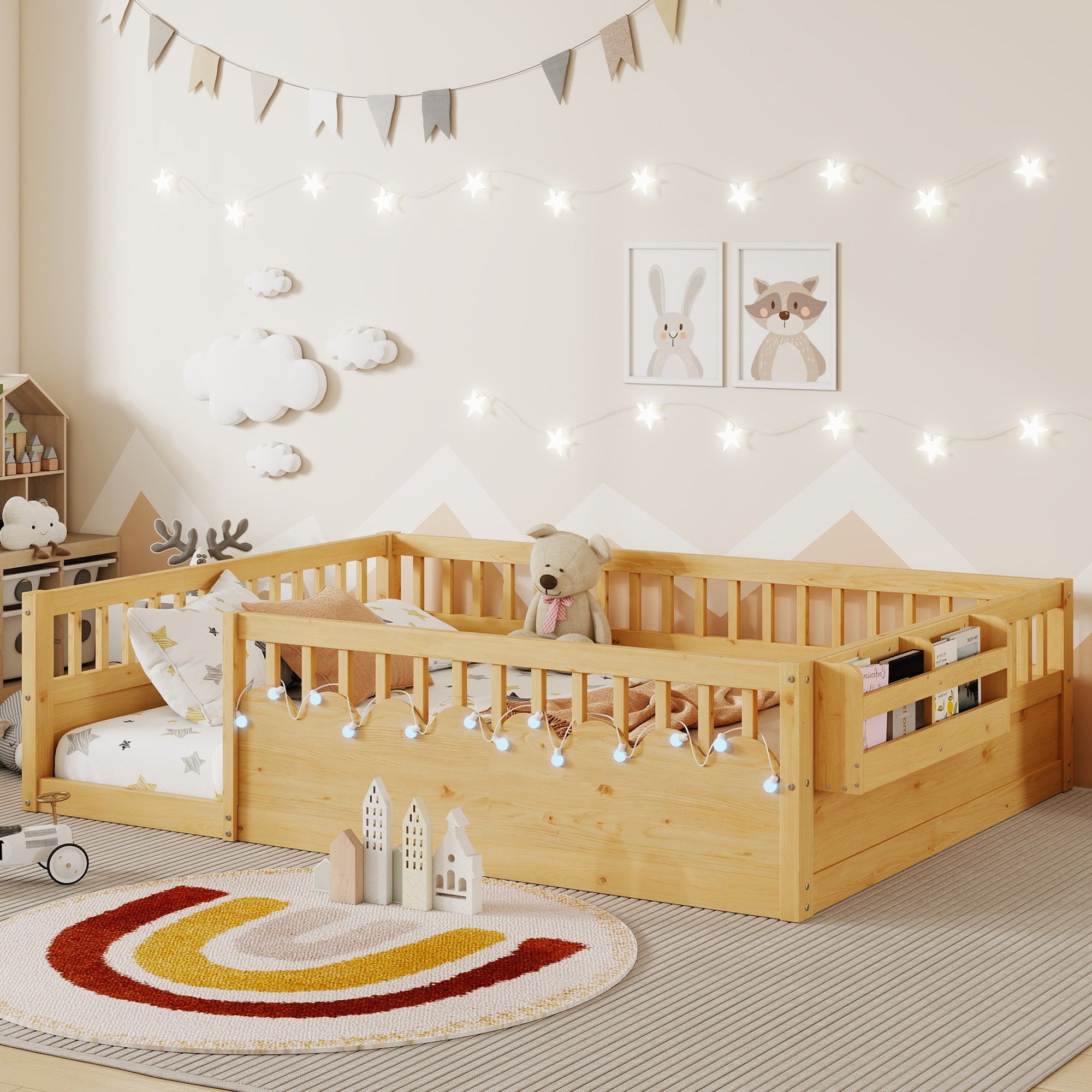 Full Montessori Floor Bed Frame With High Rails, Wood Kids Floor Beds With Light And Storage Shelf, Natural Expect Arriv