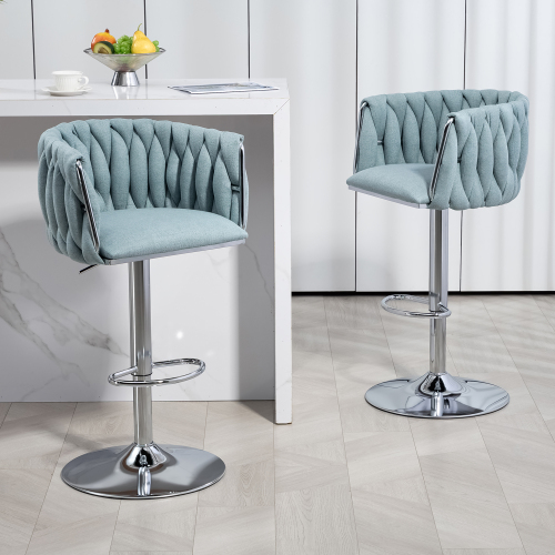 360 Fabric Cover Swivel Bar Stools Set Of 2, Adjustable Counter Height Bar Chairs With Woven Back & Footrest, Silver Chr