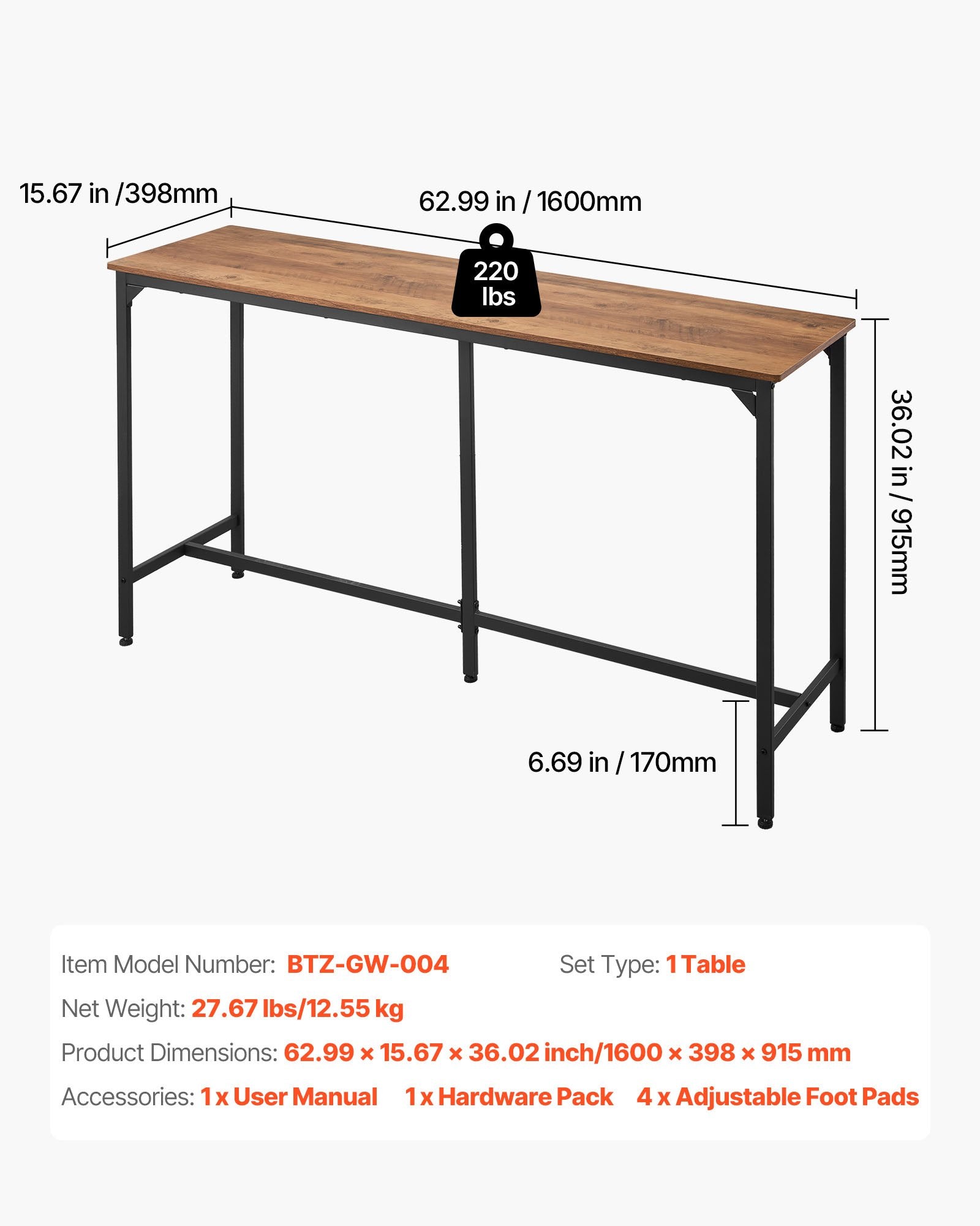 Bar Table, 1PCS 53″ Kitchen Bar Table, Tall Dining Tables With Rounded Edge, Rectangular High Top Kitchen Tables For Bal