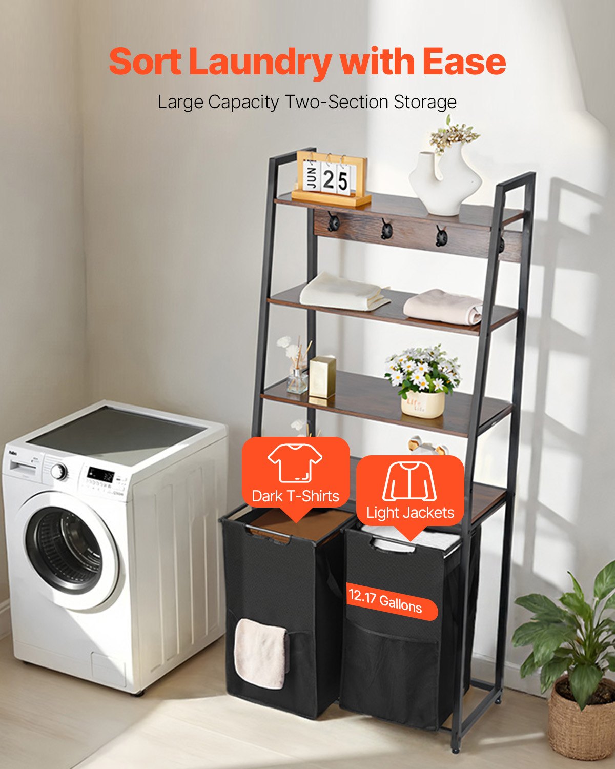 4 Tiers Laundry Sorter, Tall Laundry Hamper With Shelves And Hooks, 2 Section Freestanding Basket Organizer Storage With