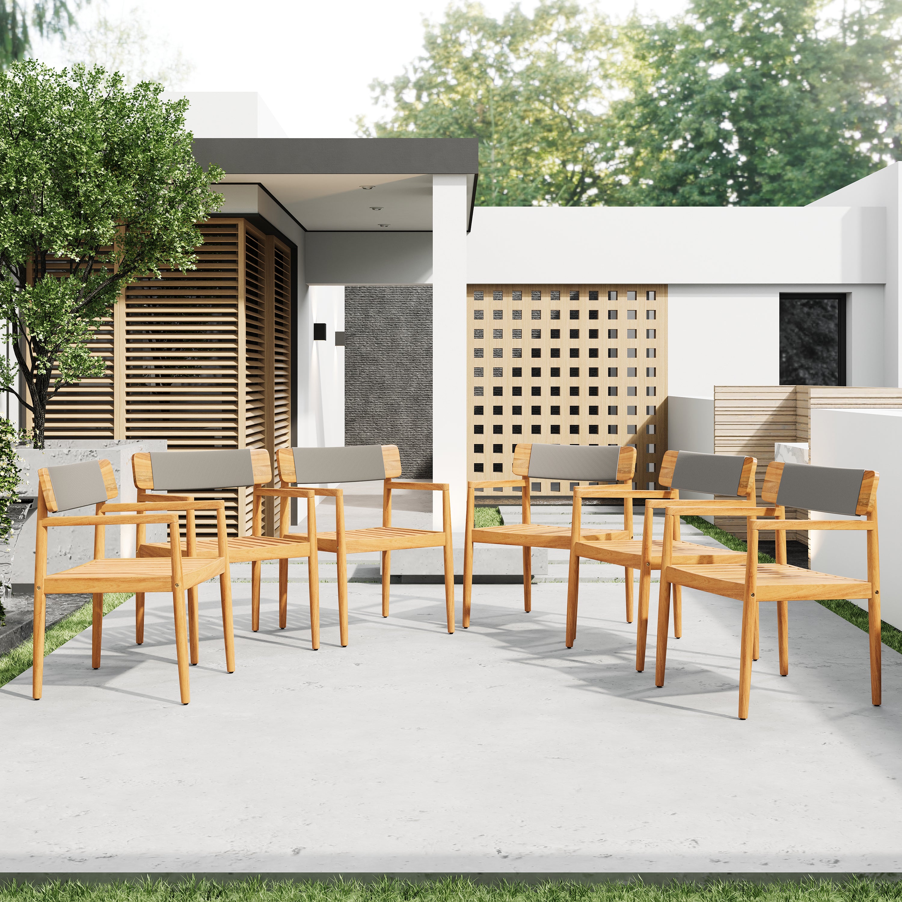 CREATIVE BRAIDED ACACIA WOOD OUTDOOR DINING CHAIRS WITH ARMRESTS, SUITABLE FOR OUTDOOR DINING AND LEISURE PLACES, TEAK L