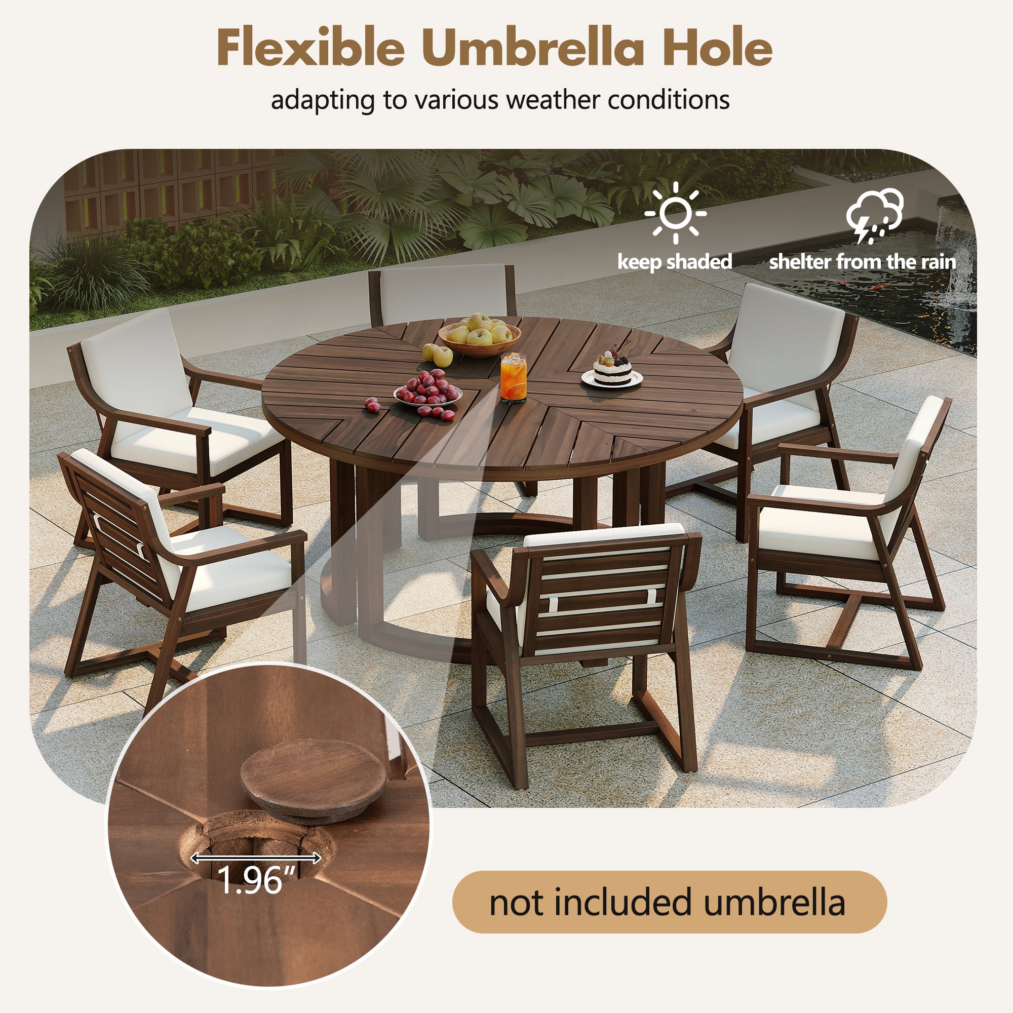TREXM Patio Dining Table Set For 6  Round Dining Table With 1.96 Umbrella Hole  Outdoor Wooden Patio Furniture Set With Removable Cushions For Garden  Backyard And Pools  Mocha Beige Cushion
