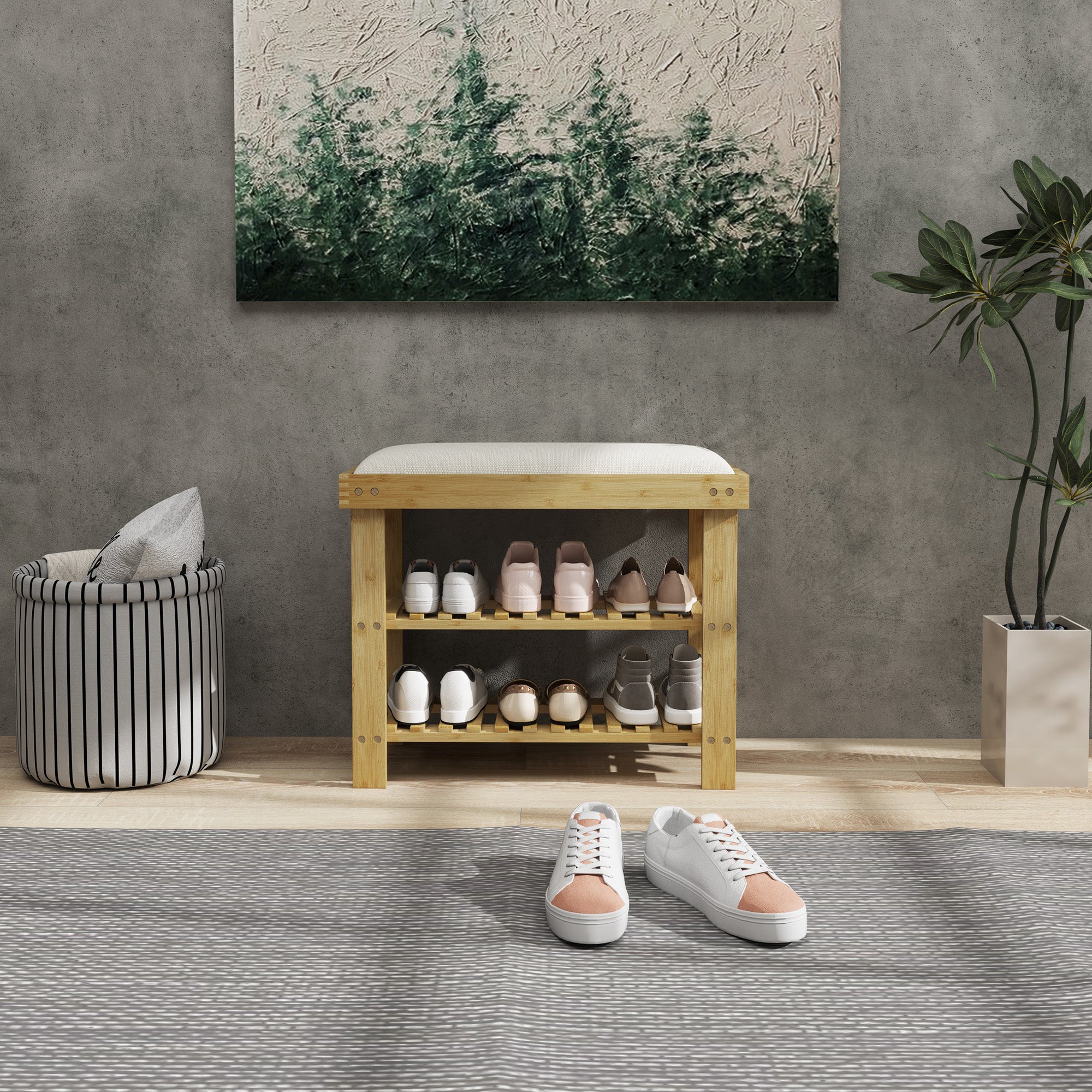Bamboo Shoe Storage Bench, 3-Tier Entryway Bench with Cushion, Shoe Organizer for Entryway, Hallway, Natural