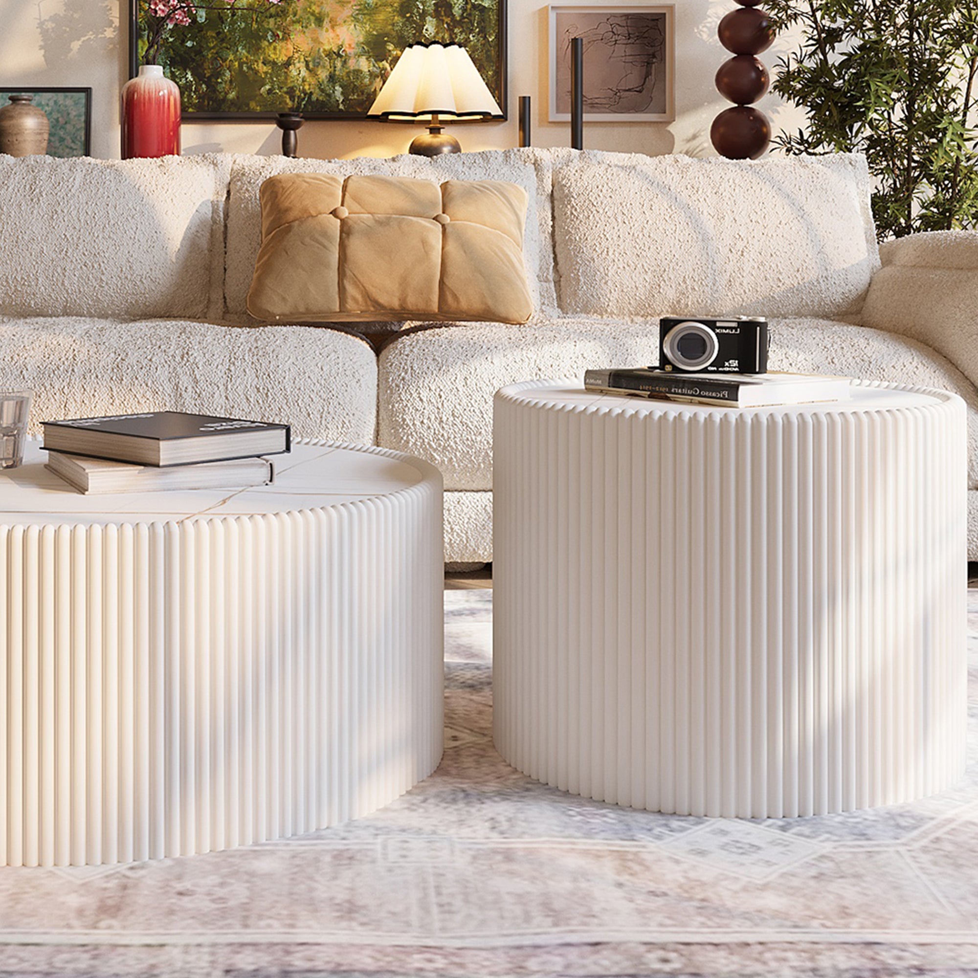 Light Sintered Stone Top Cylinder Shape Leather Coffee Modern Sofa Table For Living Room Furniture  Each Tabletop Has A Unique Gold Pattern