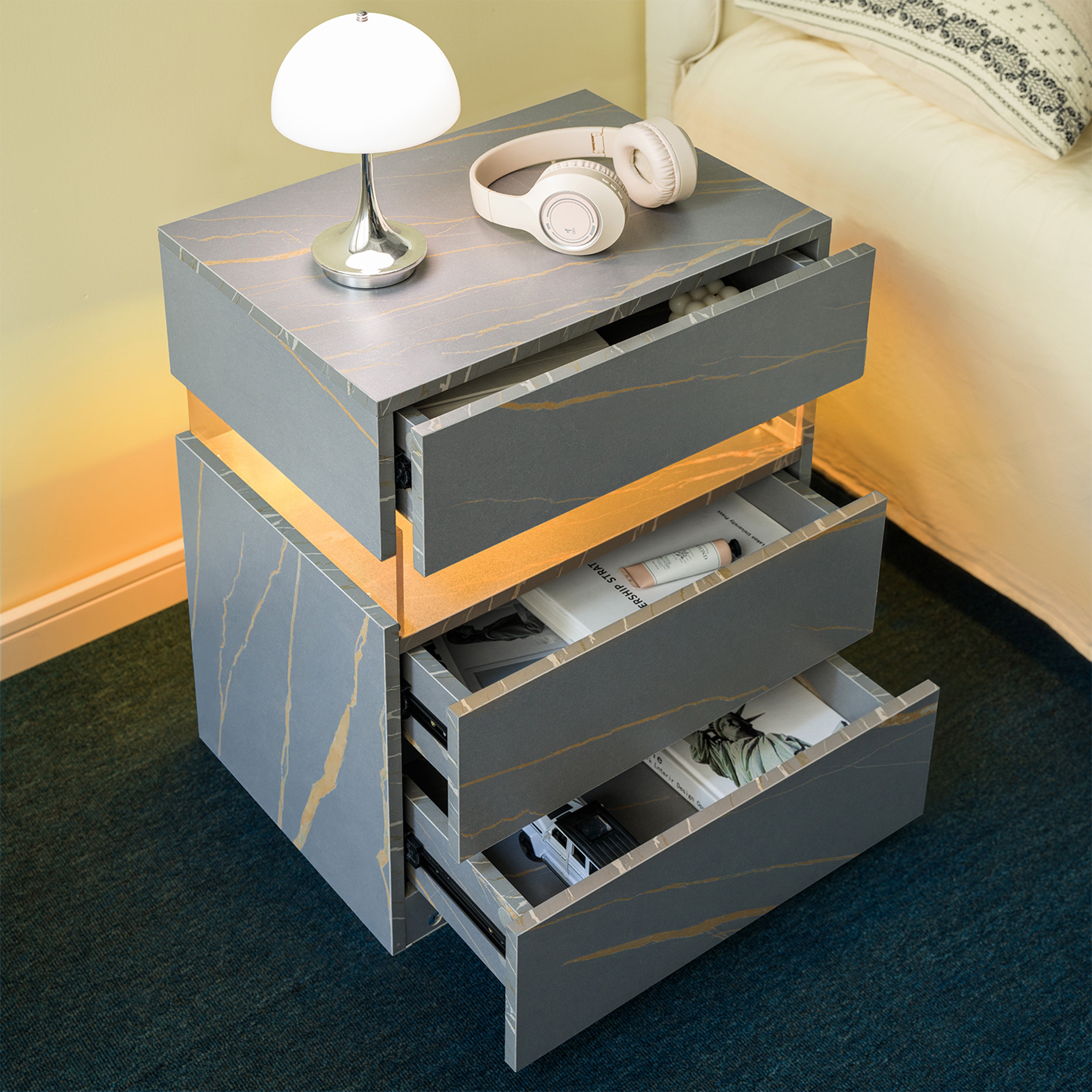 LED Nightstands 3 Drawer Dresser For Bedroom End Table With Acrylic Board LED Bedside Tables For Bedroom Living Room Bed