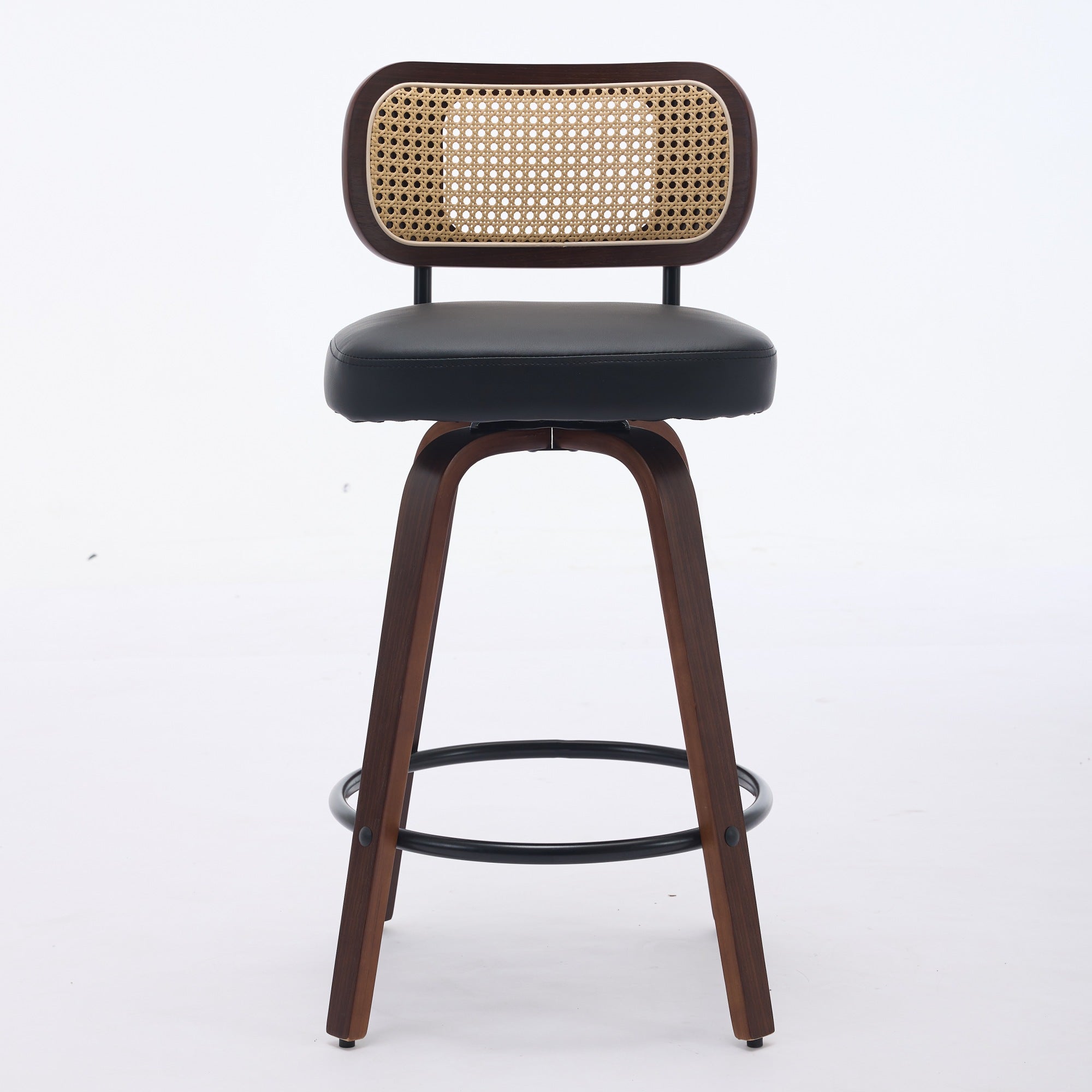 Set Of 2 Counter Height Bar Stools - 26 Inch Rattan Counter Height Stools With Cane Back, Upholstered Seat, Walnut Craft