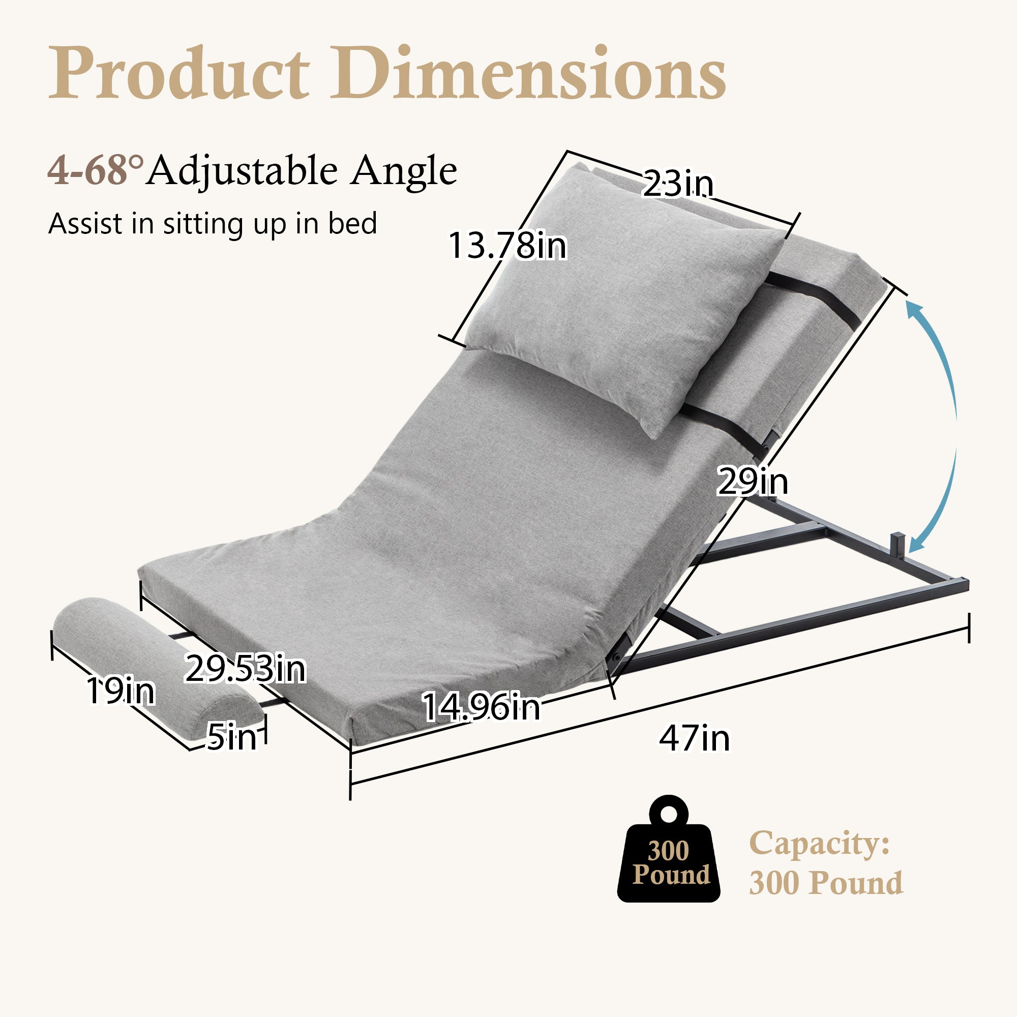 Electric Adjustable Bed Backrest - 300 Lbs Weight Capacity, 4-68 Lift, Machine Washable Fabric  For Elderly, Pregnancy,