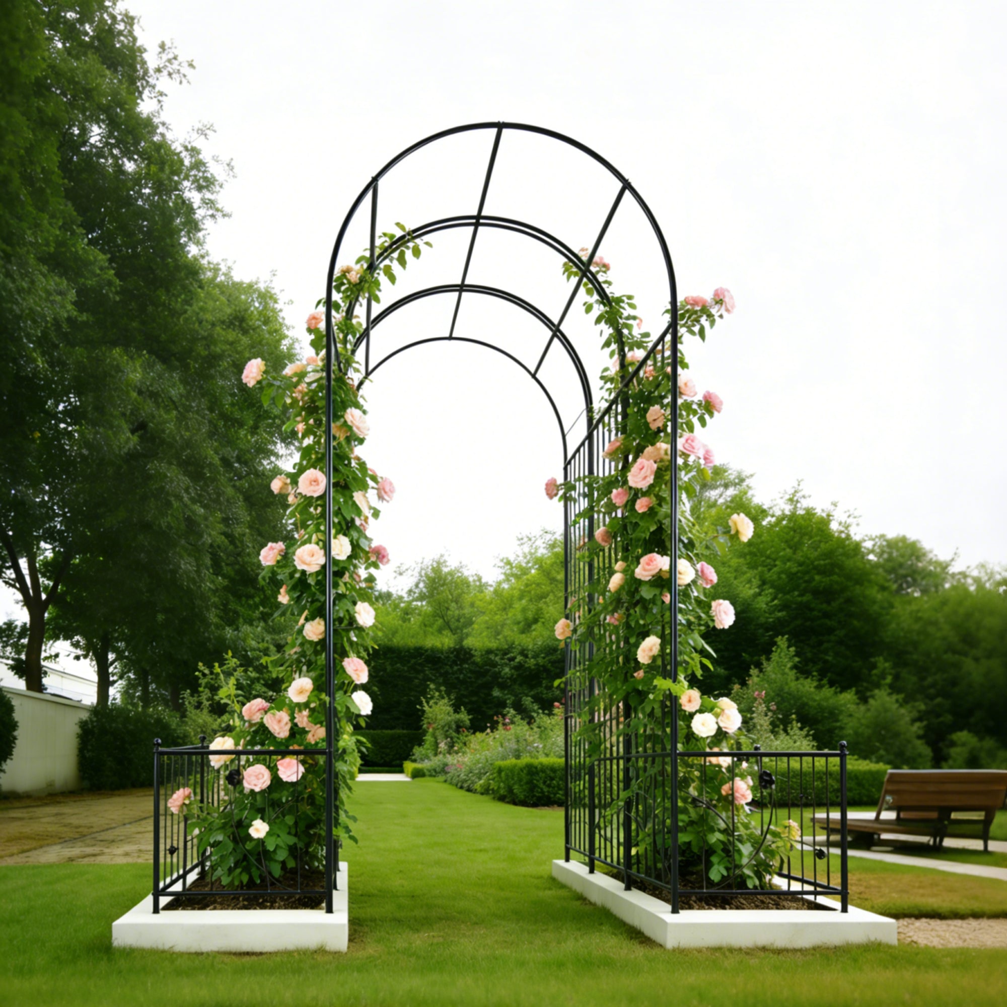 Metal Garden Arch With Two Plant Stands 79.5  Wide X 86.6  High Climbing Plants Support Rose Arch Outdoor Black