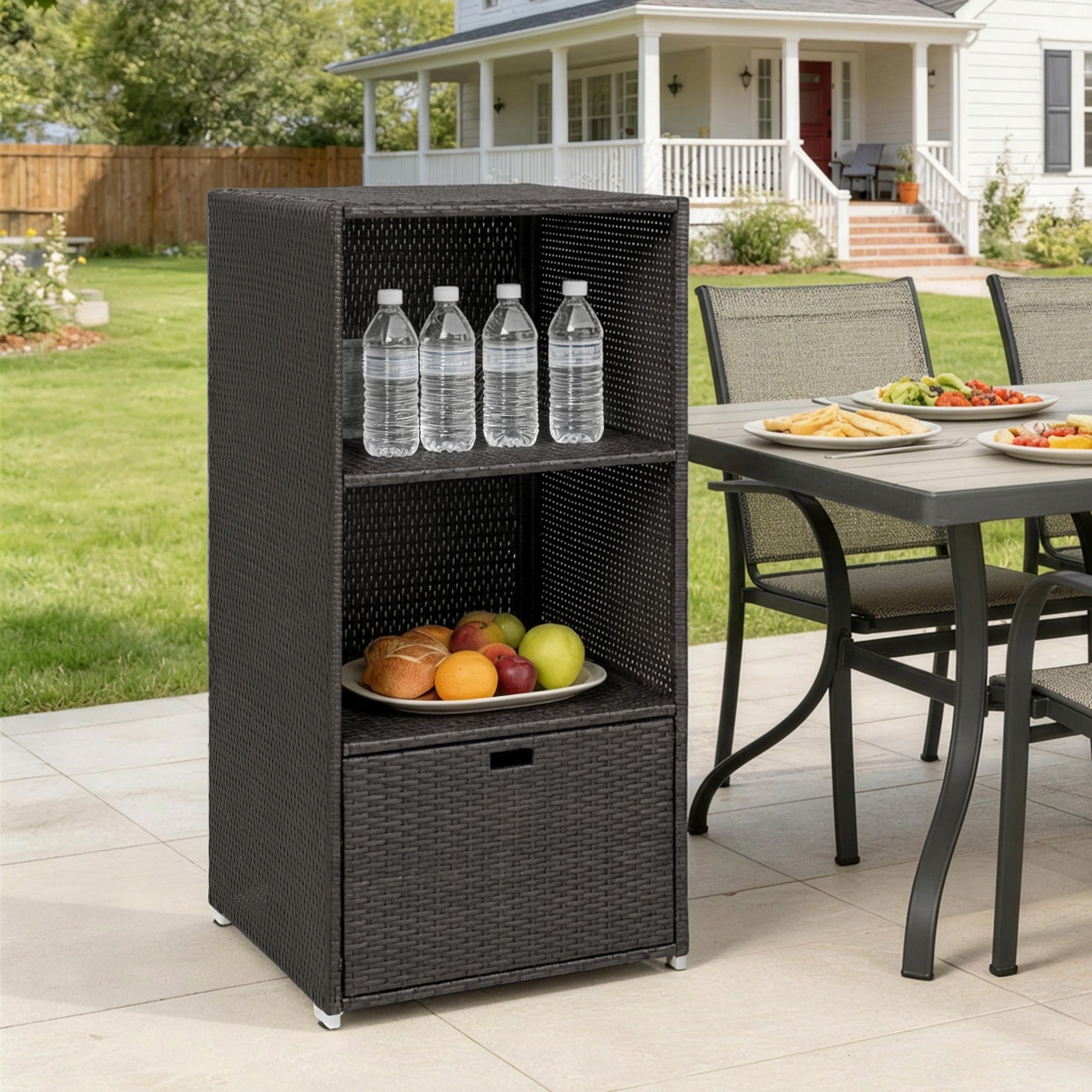Valet Pool Towel Rack, Water-Resistant PE Plastic Rattan Wicker Storage Organizer, 2 Shelves, 1 Basket Drawer