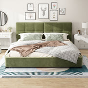 King Size Velvet Bed Frames, Upholstered Platform Bed With Curved Tufted Headboard, Soft Square Corners, Olive Green