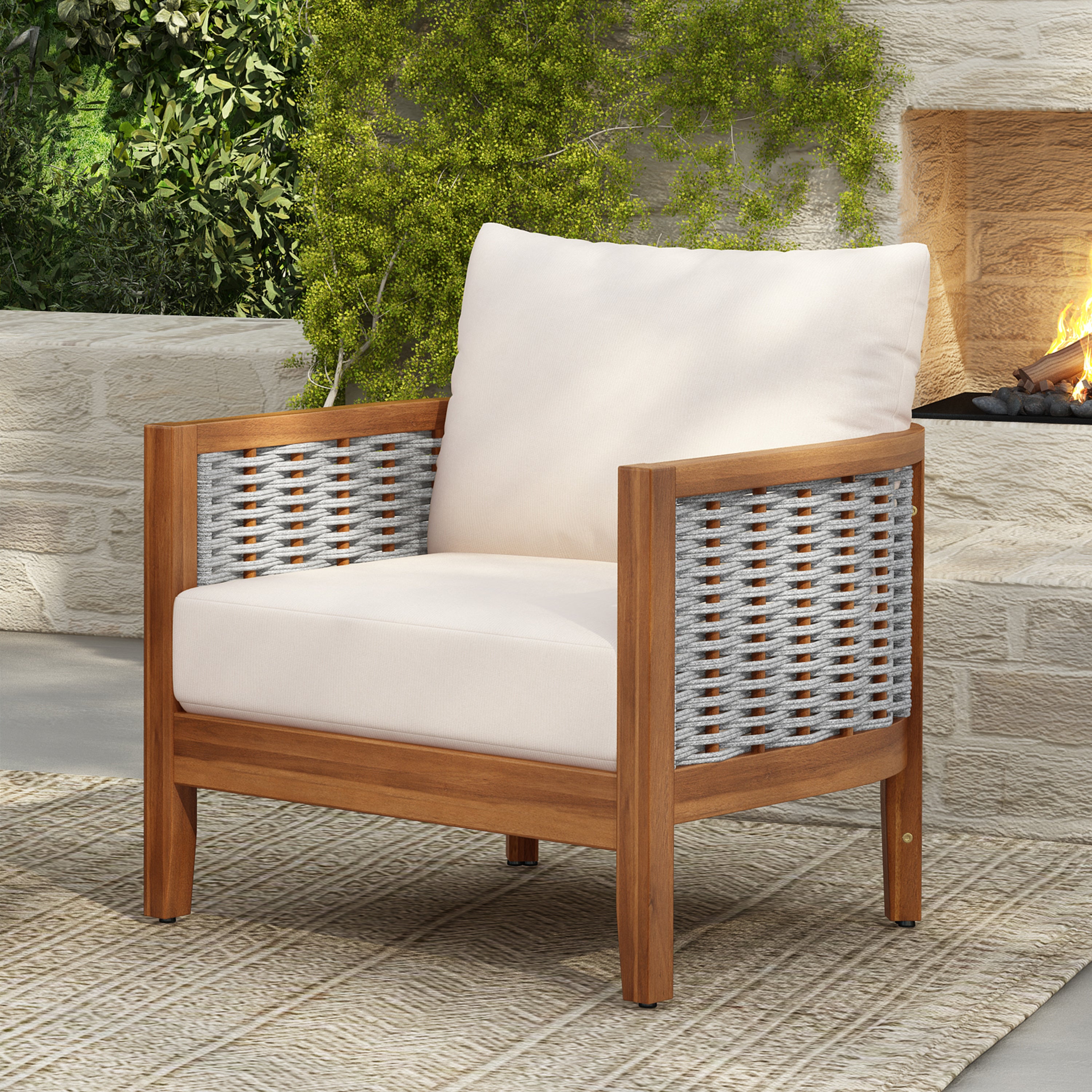 Outdoor Unique Tub Design Armchair With Woven Rope, Patio Furniture Acacia Wood Chair,  Deep Seating With Soft Cushions