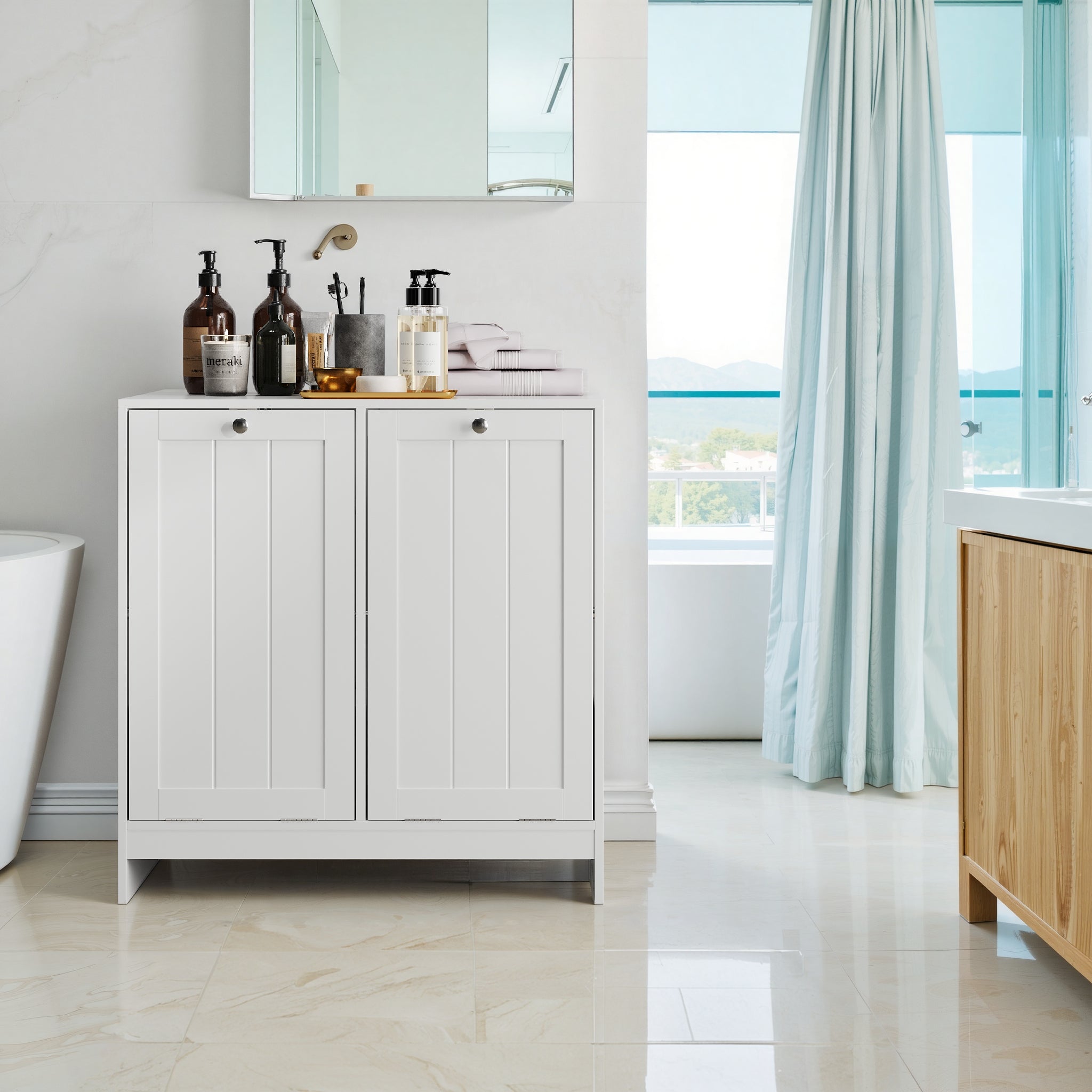 Tilted Laundry Hamper With Removable Basket, Hidden Laundry Hamper, Bathroom Laundry Hamper Storage Cabinet, Free-Standi