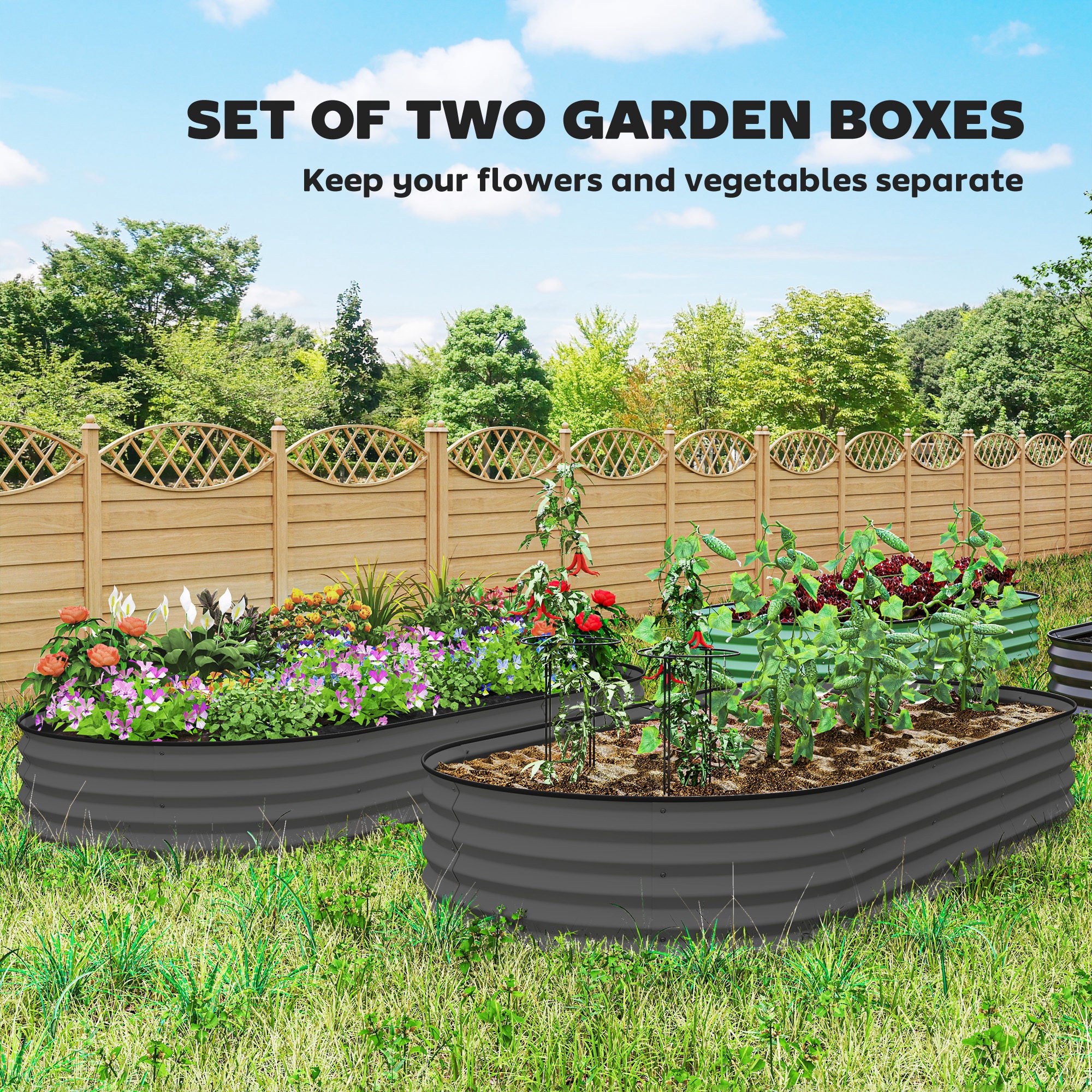 7' X 3' X 1' Raised Garden Bed Set, 2PCS Raised Beds For Gardening With Metal Plant Stakes, Dark Gray