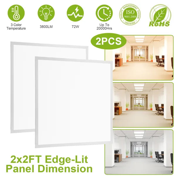 2Pcs 72W 2×2FT LED Panel Light 3800LM Flat Ceiling Light With 3 Lighting Color Temperature Equivalent LED Troffer Recess