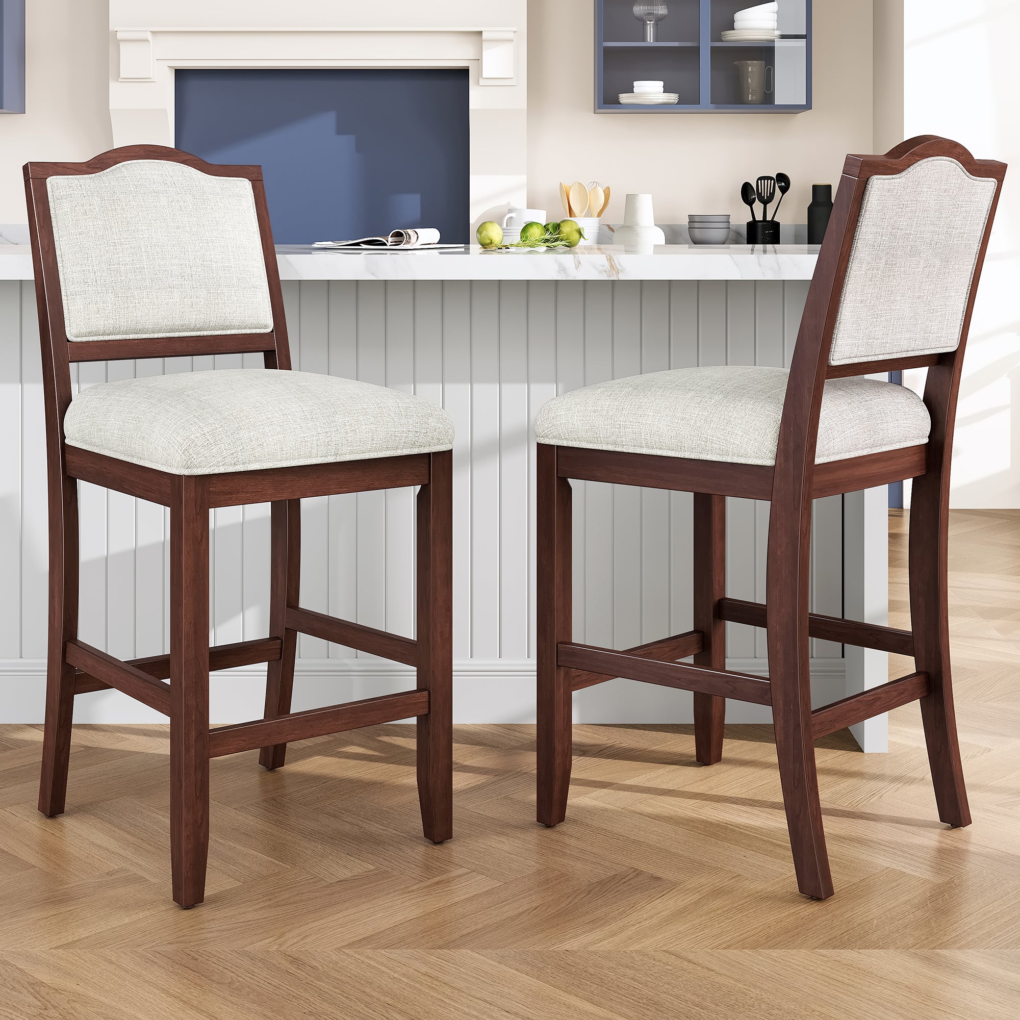 Counter Height Bar Stools Set Of 2 - Rustic 2 Pack Bar Stools With Rubber Wood Frame, Ergonomic Backrest, Versatile For