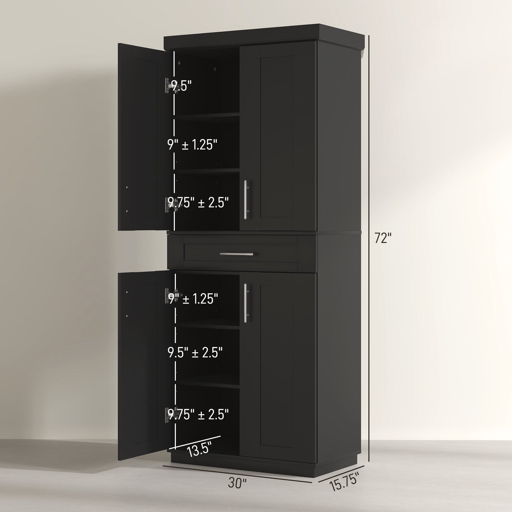 Modern Kitchen Pantry Freestanding Cabinet Cupboard with Doors and Drawer, Adjustable Shelving, Black