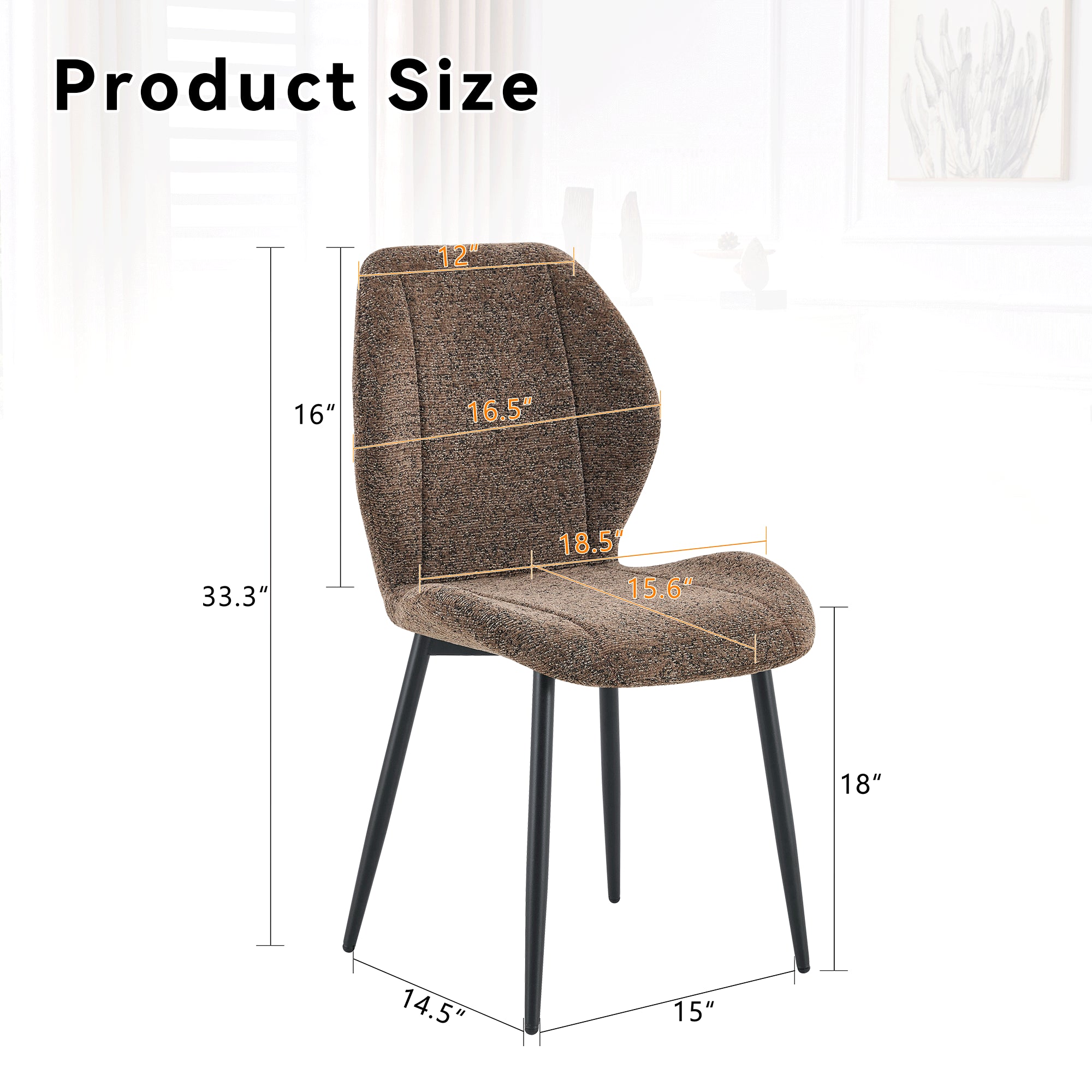 4 Sets Of Retro And Minimalist Brown Fabric Dining Chairs With Spacious And Comfortable Cushions.Black Metal Legs And Ad