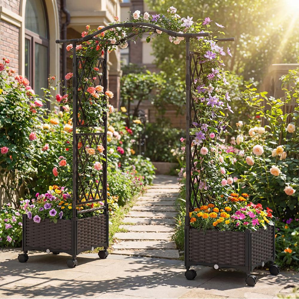 5 FT Self-Watering Planter Boxes With Lattice Trellis And Roof For Outdoor Application, Such As Balcony, Deck, Patio, An