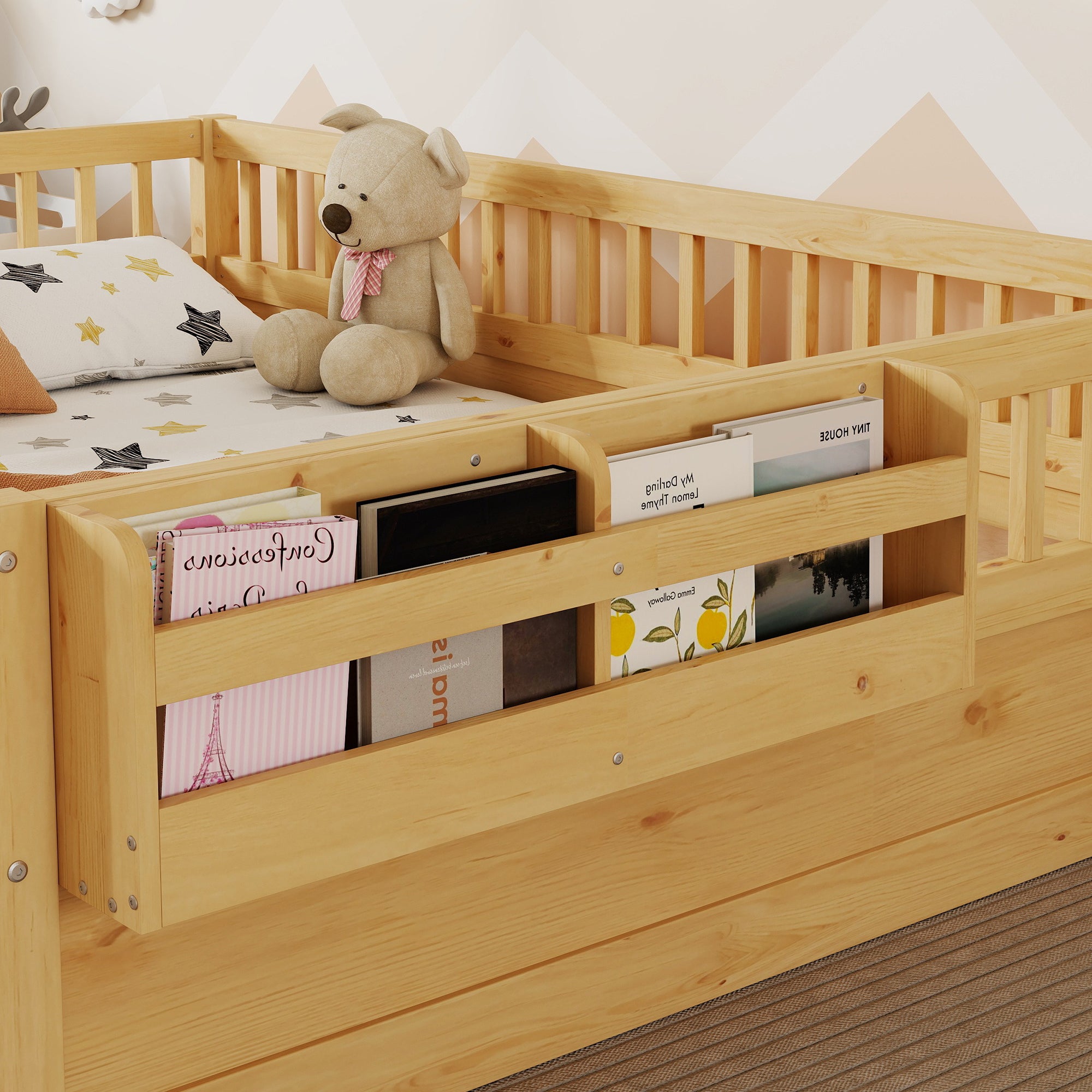 Full Montessori Floor Bed Frame With High Rails, Wood Kids Floor Beds With Light And Storage Shelf, Natural Expect Arriv