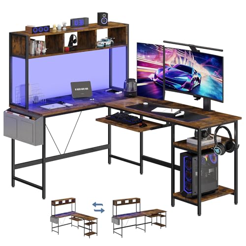 L Shaped Gaming Desk 67, Reversible Computer Desks With Led Lights Corner Table With Keyboard Tray Side Bag Storage Shel